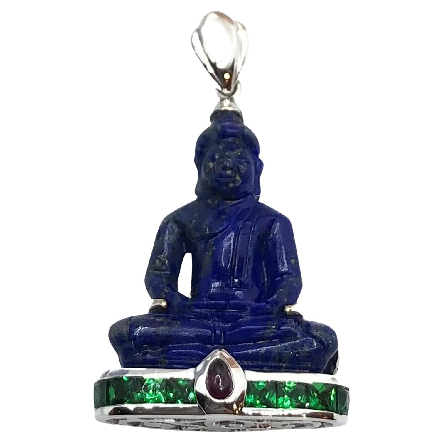 Lapiz Lazuli with Tsavorite and Cabochon Ruby Buddha Pendant in 18K White Gold For Sale