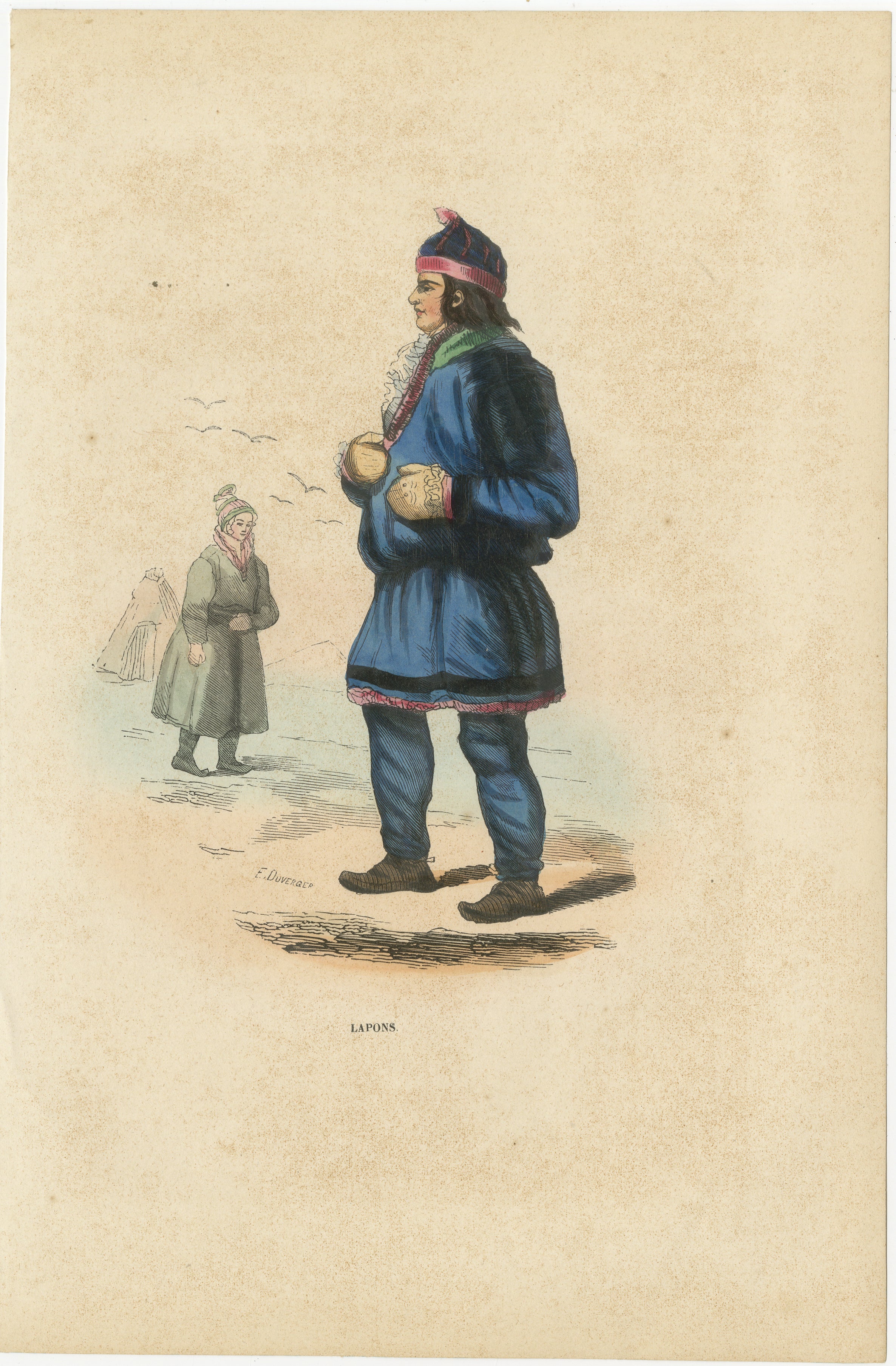 Laplander in Traditional Dress, Hand-Coloured Lithograph, c.1845 im Angebot