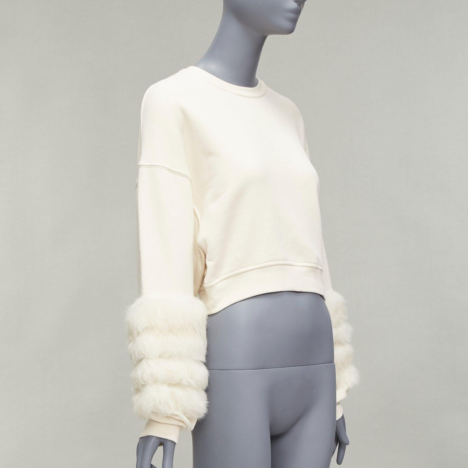 Women's LAPOINT cream genuine lambskin fur cotton tiered sleeve crop sweater S For Sale