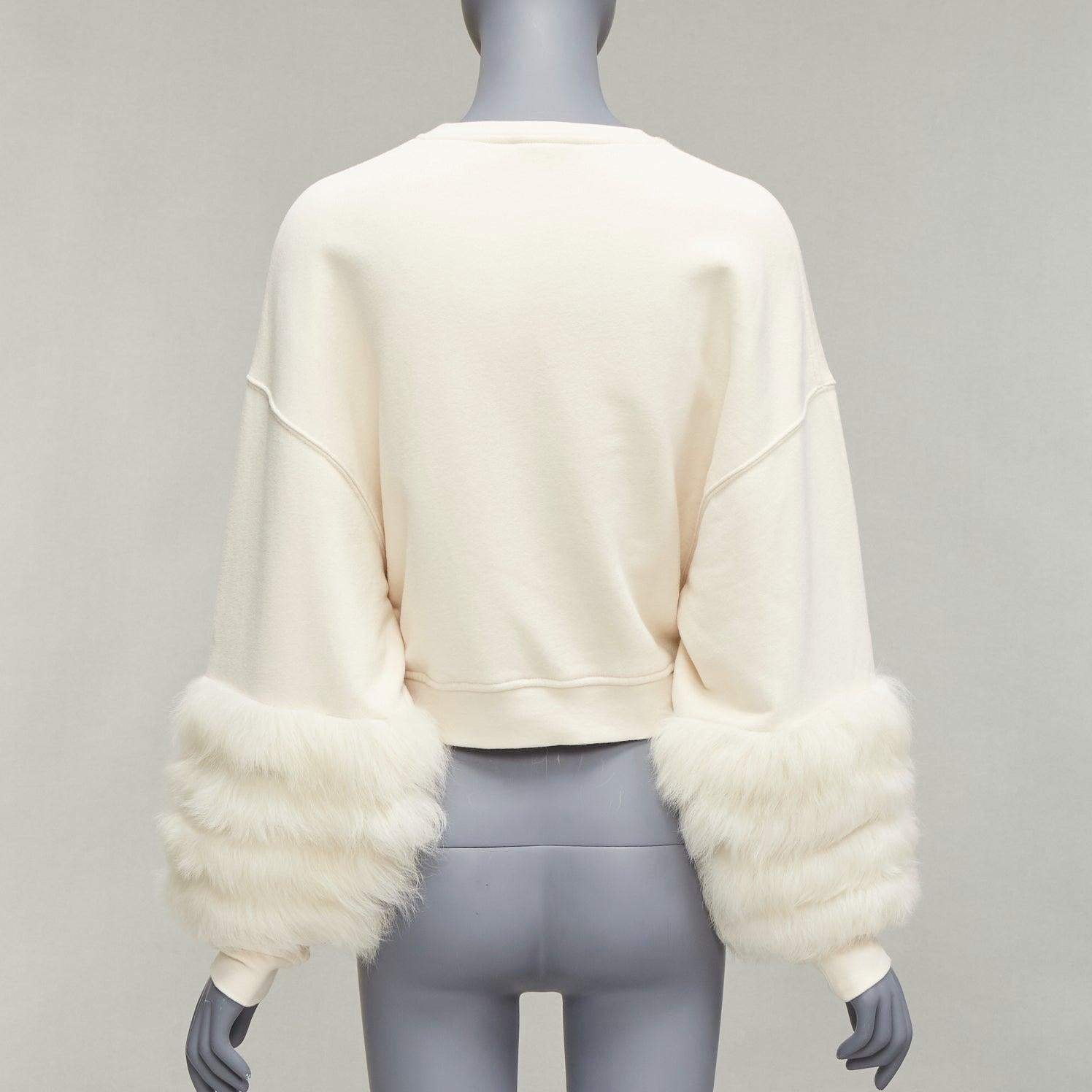 LAPOINT cream genuine lambskin fur cotton tiered sleeve crop sweater S For Sale 2