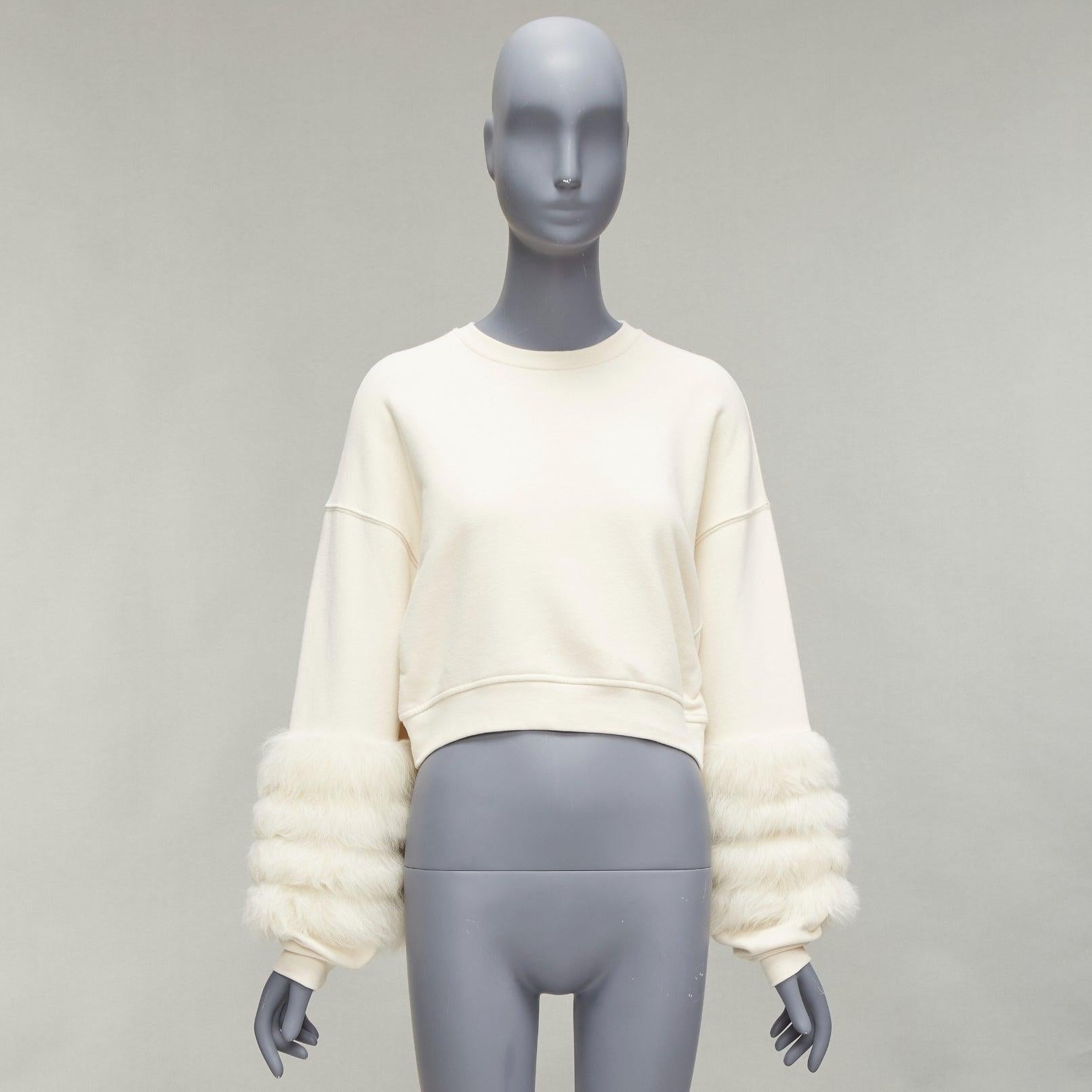LAPOINT cream genuine lambskin fur cotton tiered sleeve crop sweater S For Sale 6