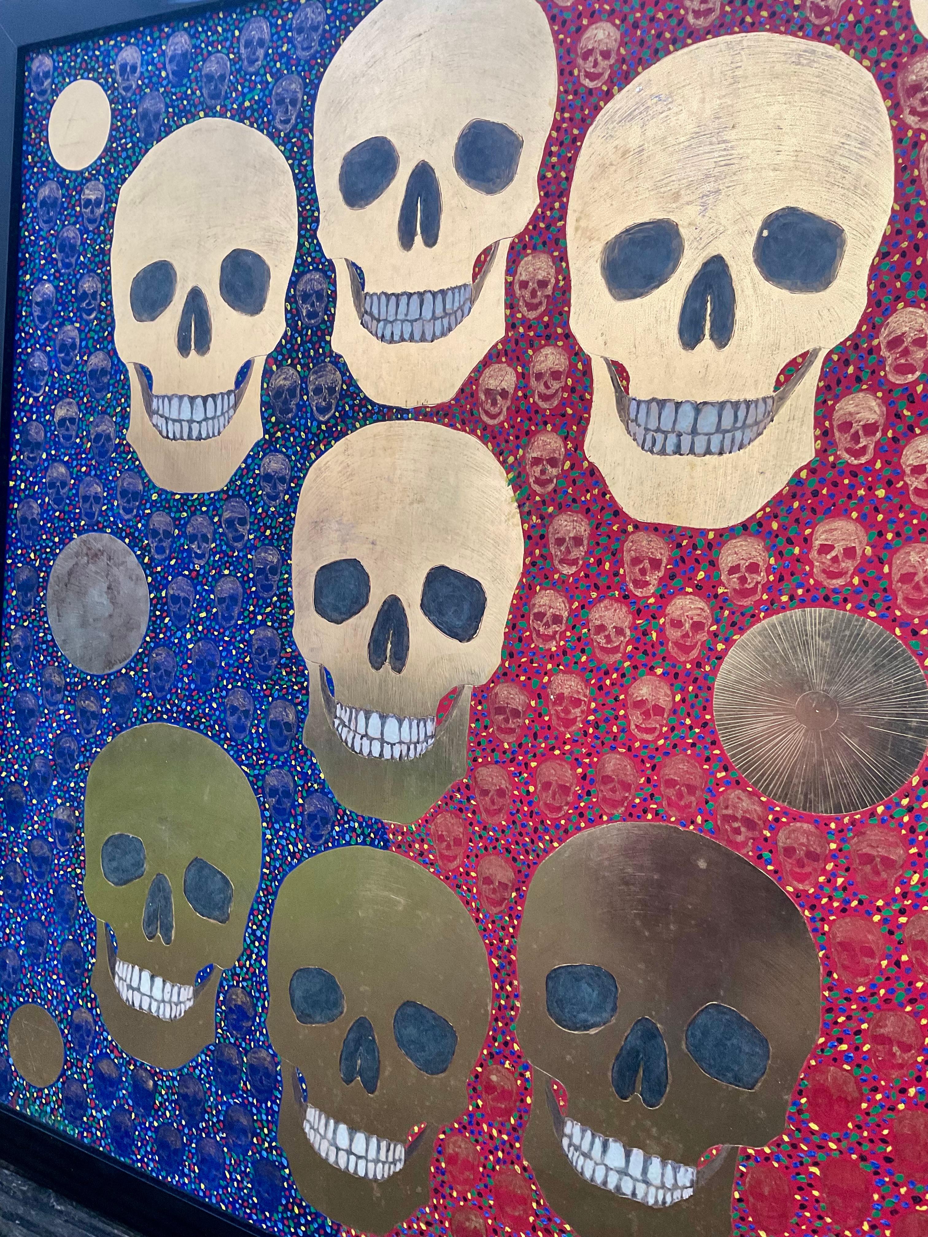 In “Dance of Eternity,” I sought to express the philosophical concept of the eternal cycle of life, where death and elemental forces exist in harmonious balance. The golden skulls in the center, set against a red and blue background, embody enduring