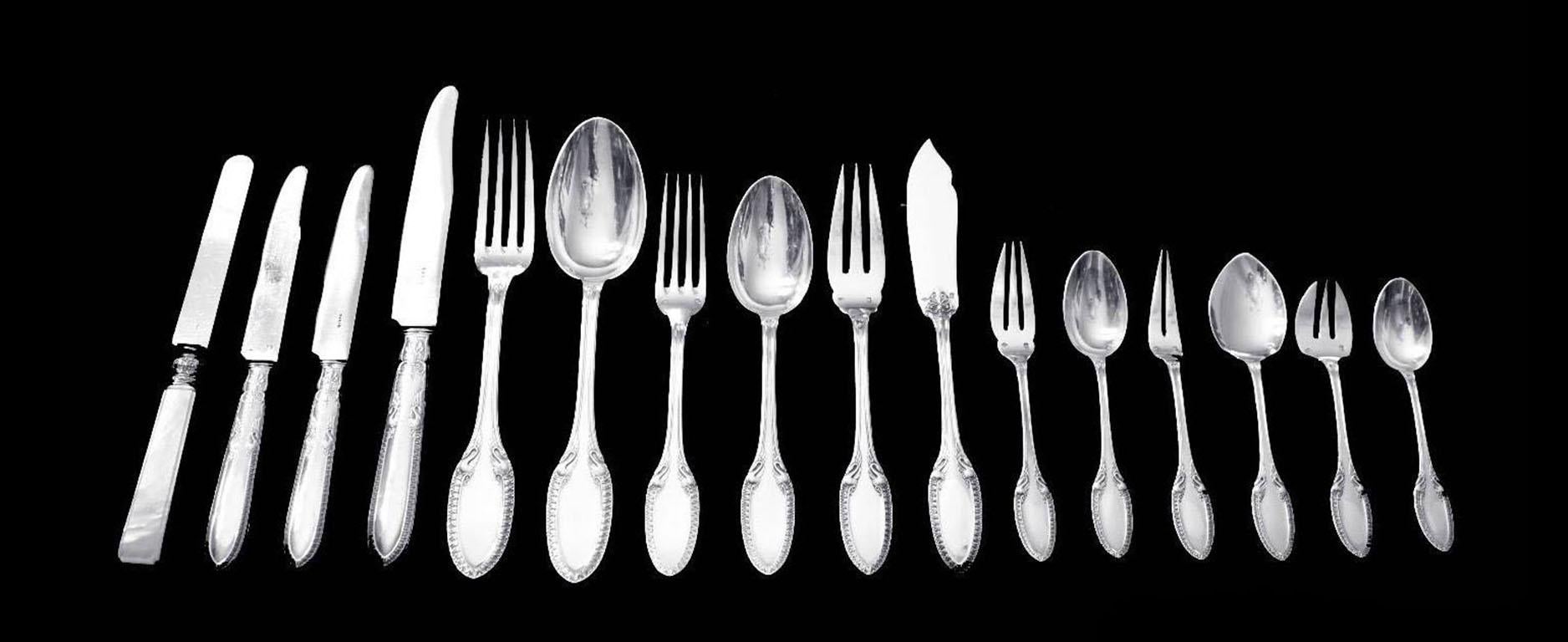 Direct from a Private Mansion Near Paris, A Magnificent 327 piece (Service for 18) Sterling Silver Flatware Set by Henri Lapparra; «Silversmith to the French Court
