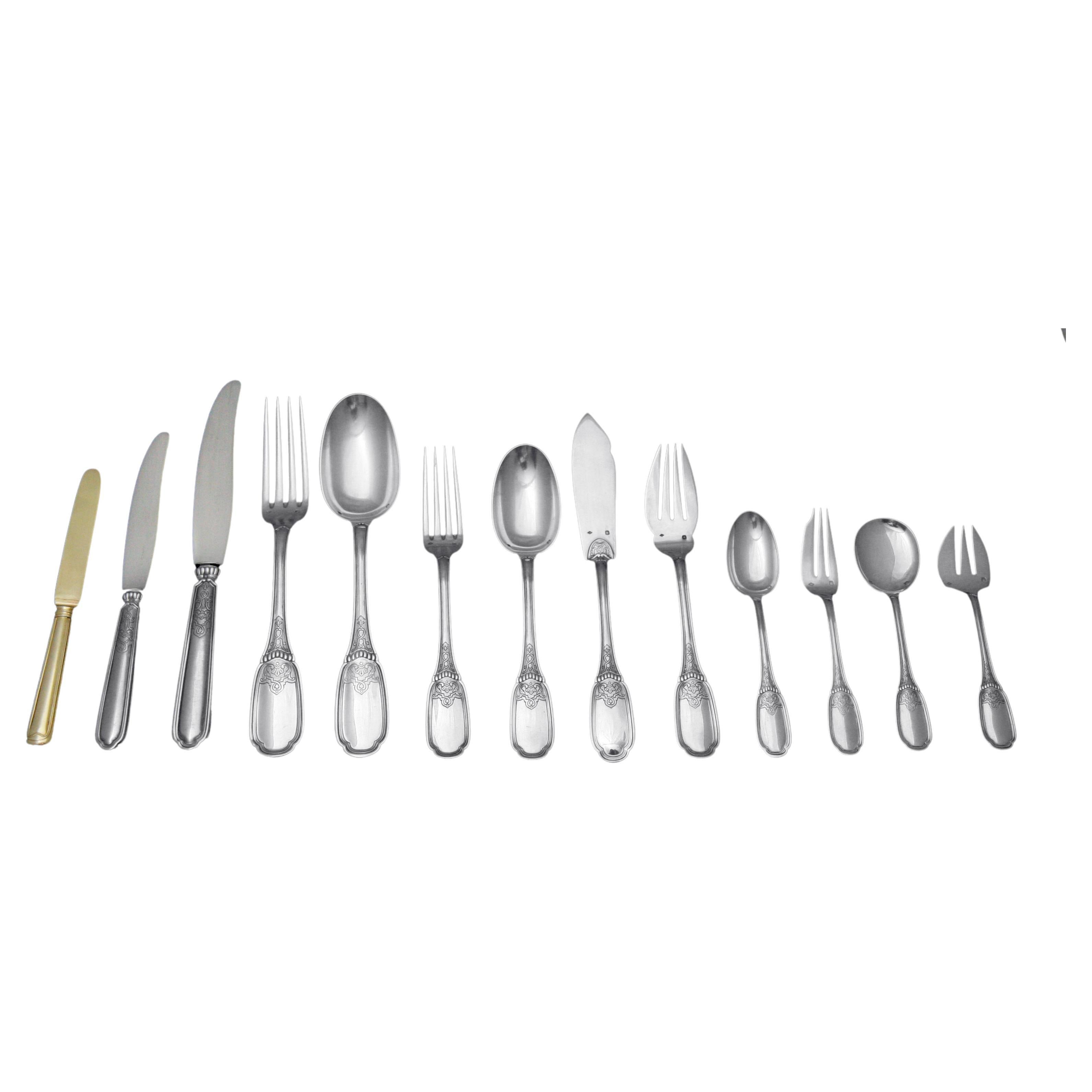 Lapparra - 328pc. Antique French 950 Sterling Silver Flatware Set + Cabinet For Sale