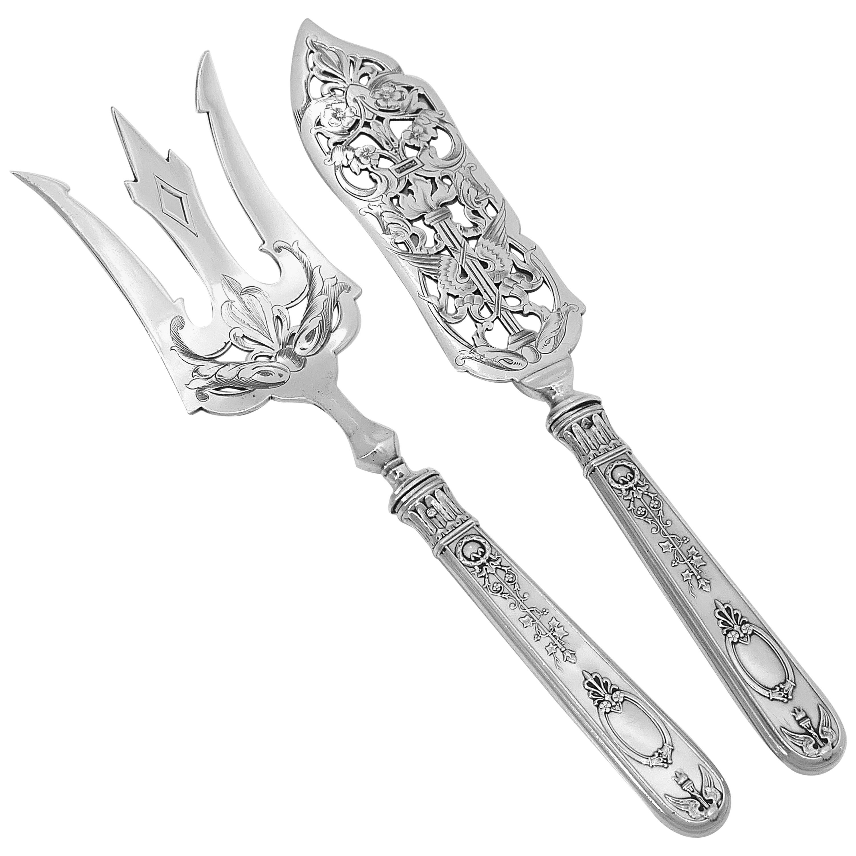 Lapparra Fabulous French Sterling Silver Fish Server 2 Pc, Baron Gerard, Empire For Sale