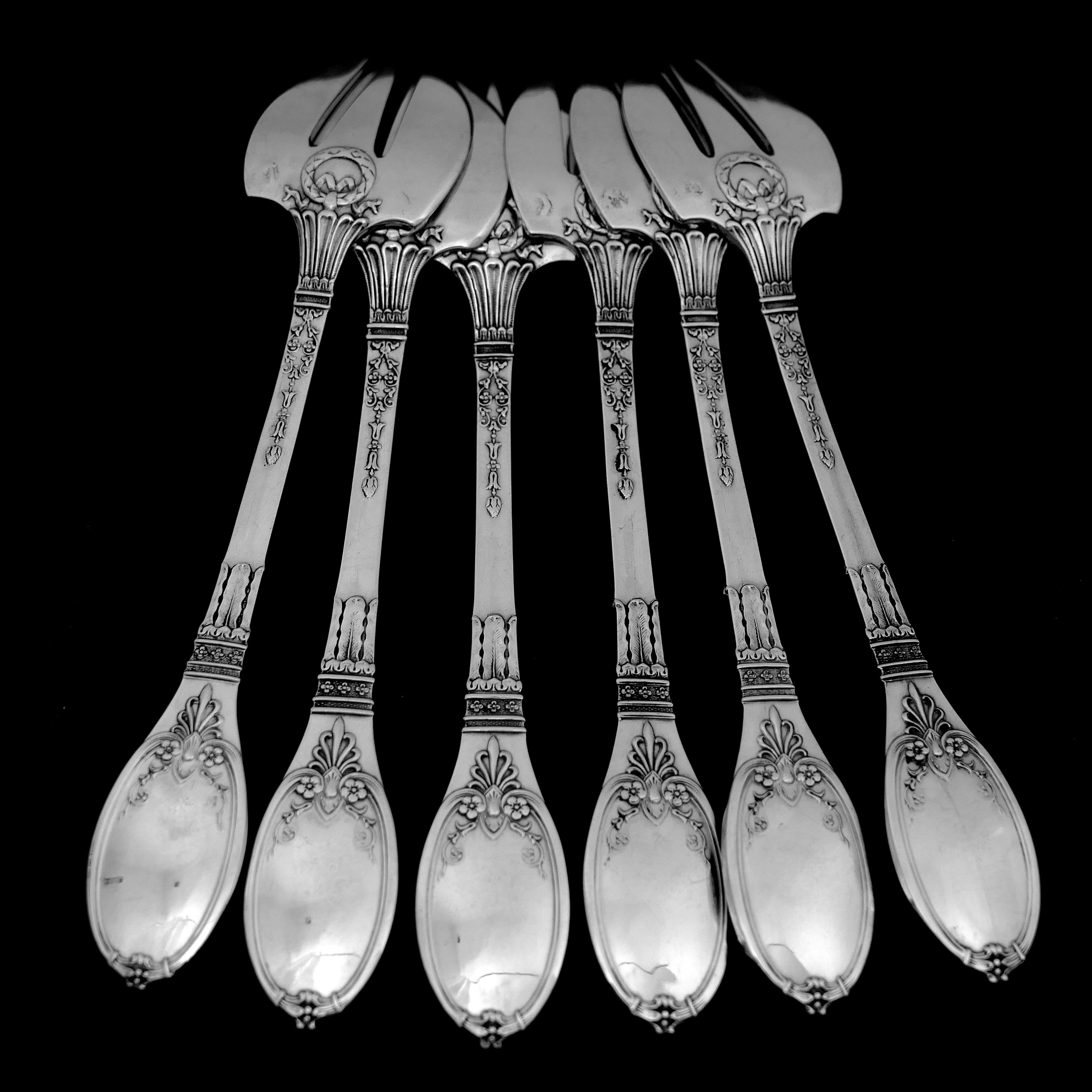 Early 20th Century Lapparra Fabulous French Sterling Silver Oyster Forks Set 6 Pc, Empire Torch For Sale