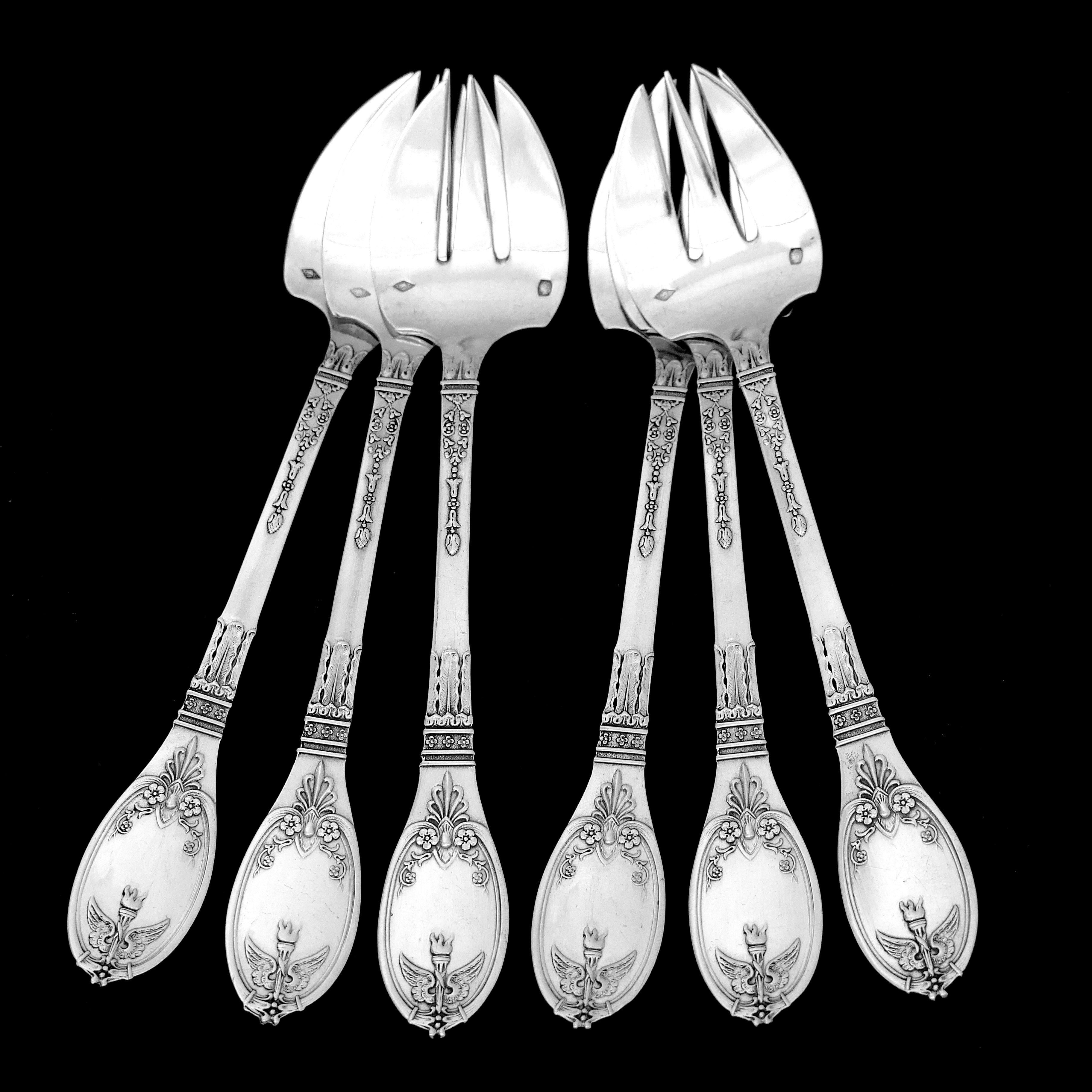 Lapparra Fabulous French Sterling Silver Oyster Forks Set 6 Pc, Empire Torch For Sale 1