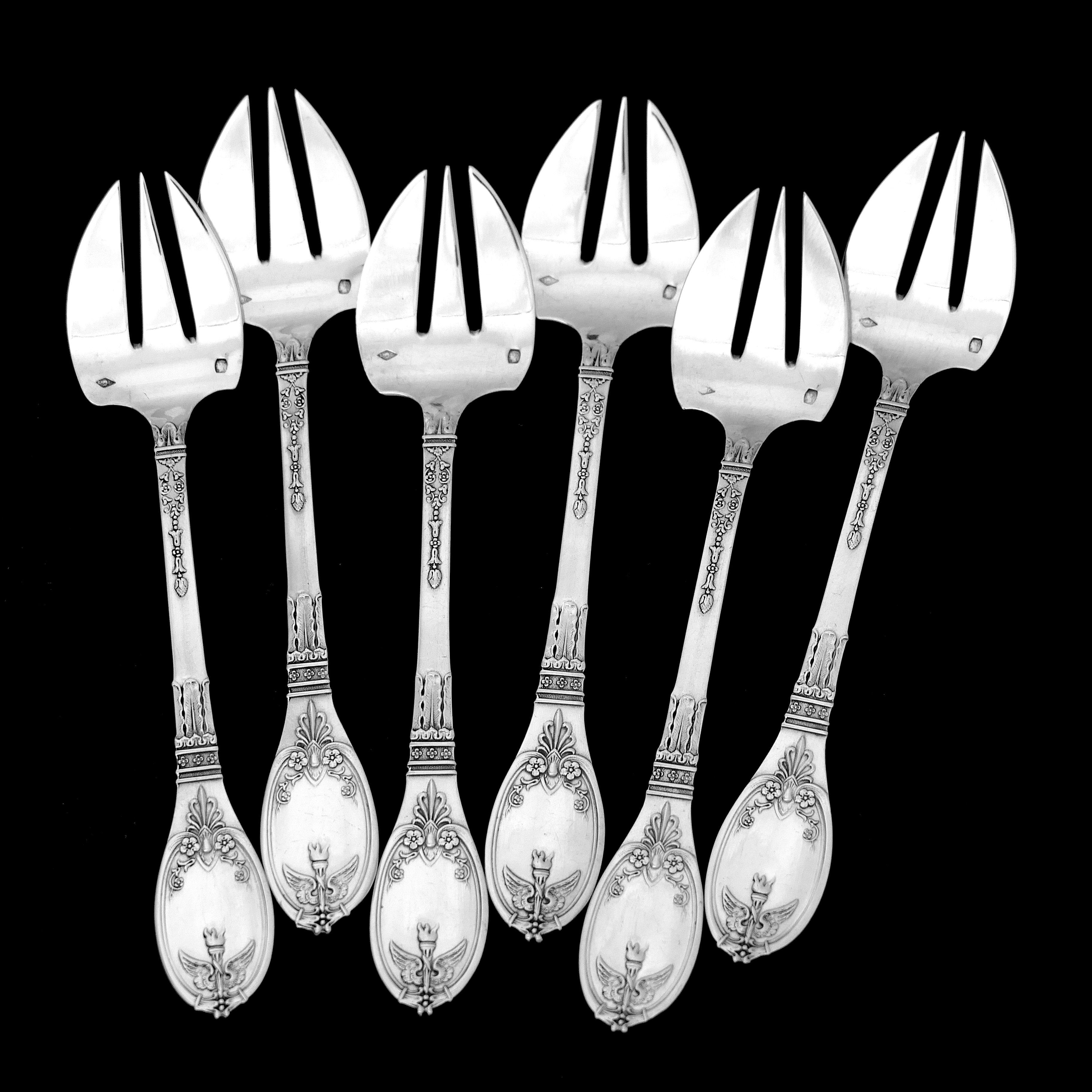 Lapparra Fabulous French Sterling Silver Oyster Forks Set 6 Pc, Empire Torch For Sale 2