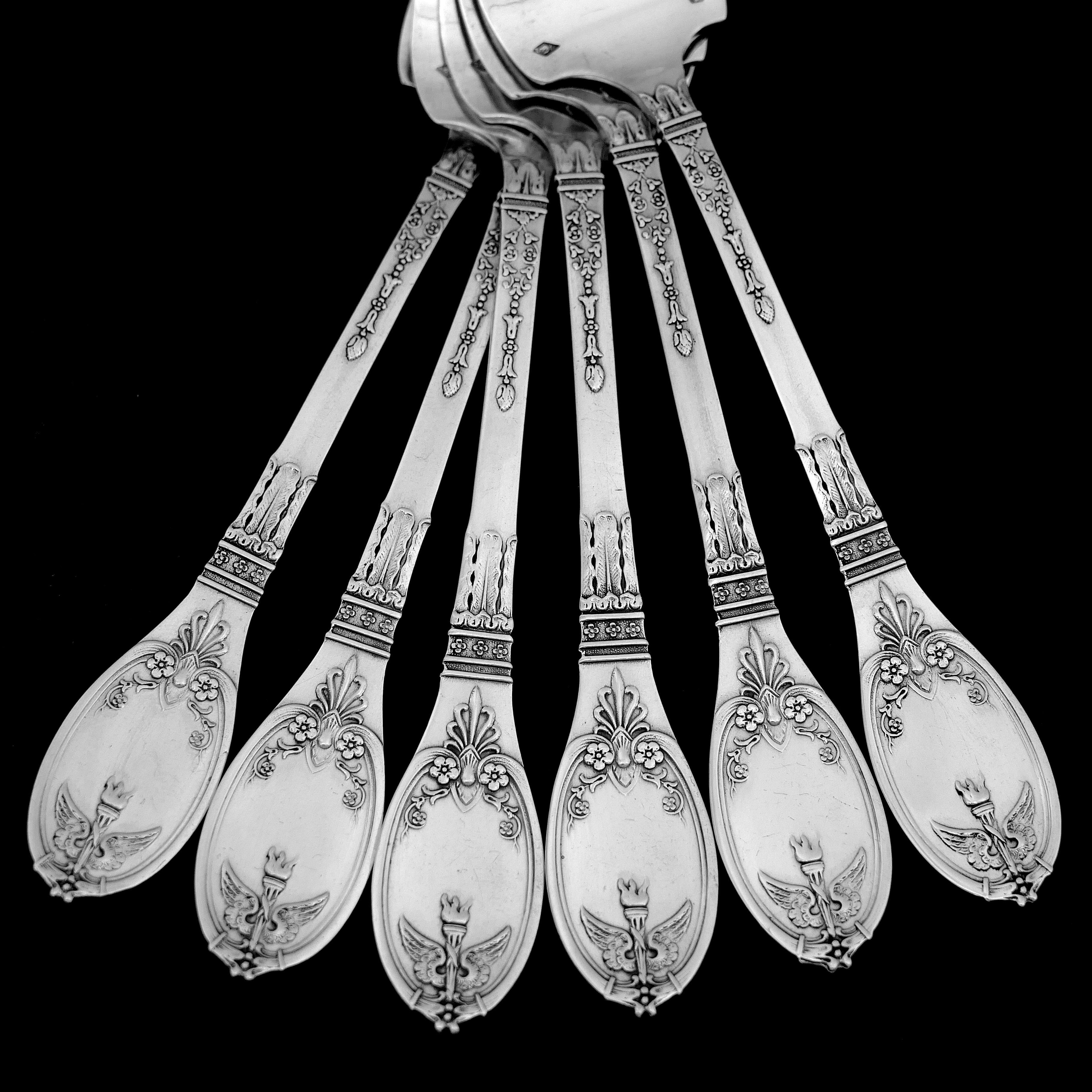 Lapparra Fabulous French Sterling Silver Oyster Forks Set 6 Pc, Empire Torch For Sale 3