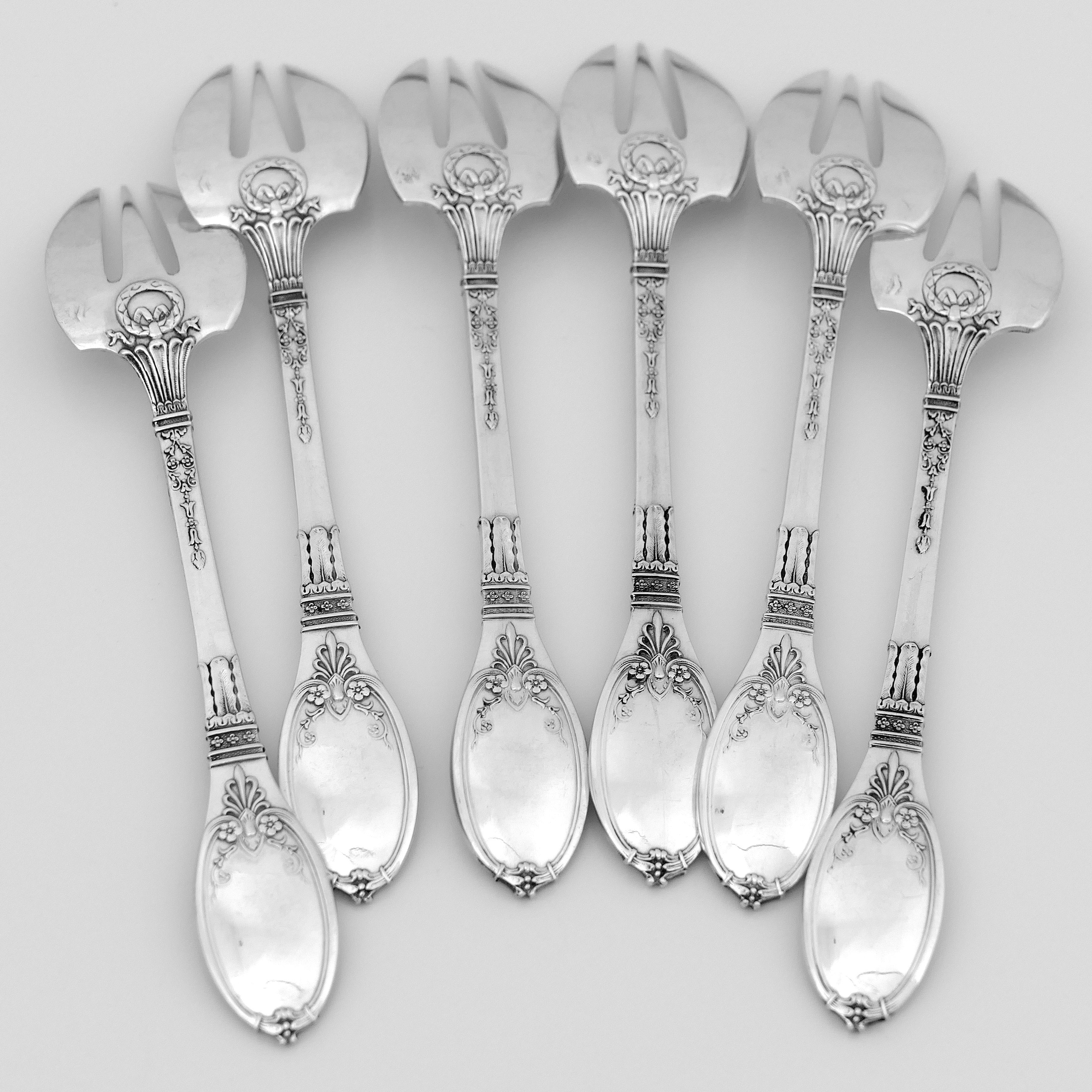 Lapparra Fabulous French Sterling Silver Oyster Forks Set 6 Pc, Empire Torch For Sale 5