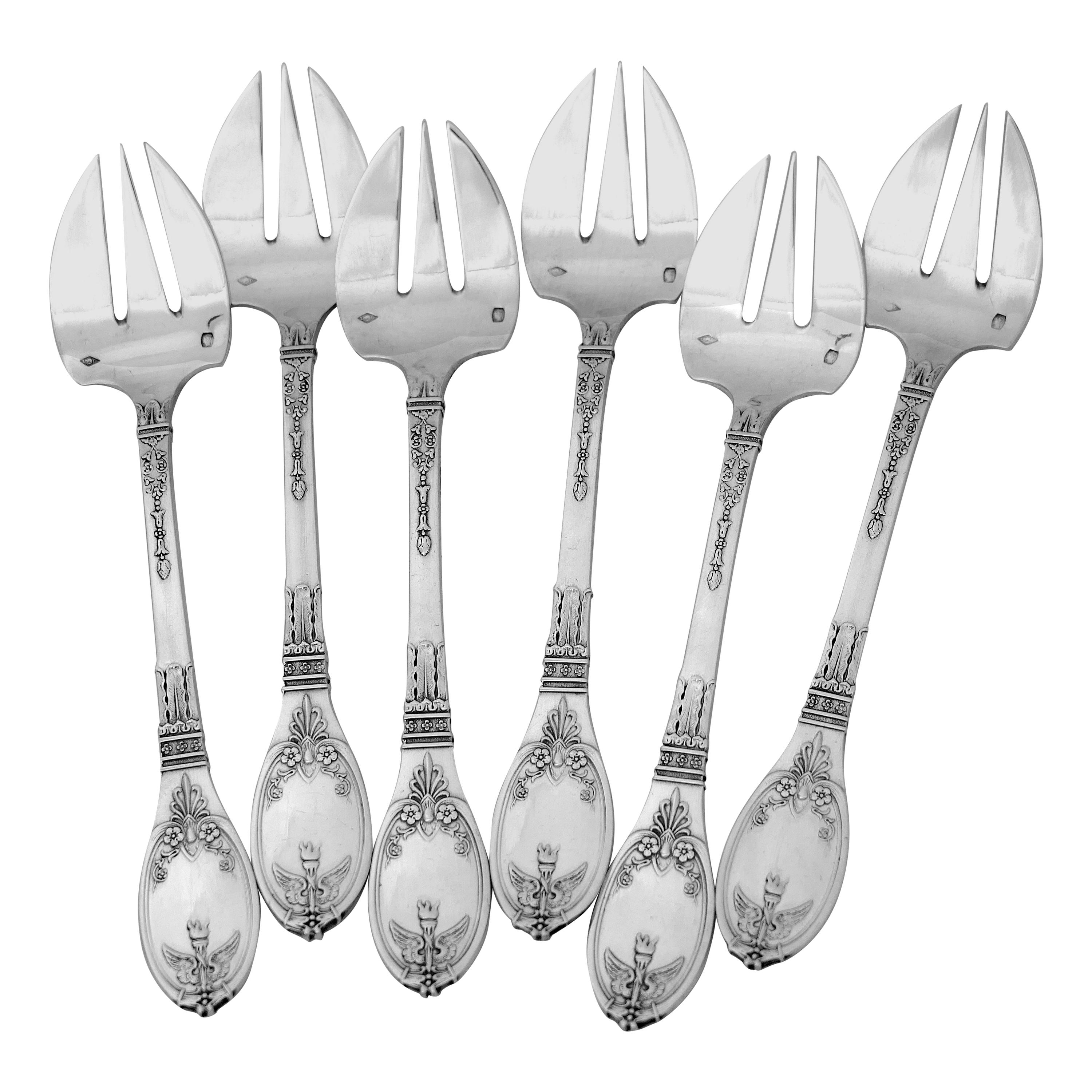 Lapparra Fabulous French Sterling Silver Oyster Forks Set 6 Pc, Empire Torch For Sale
