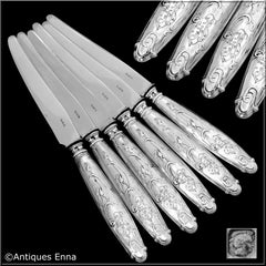 Lapparra French Sterling Silver Dessert Entremet Knife Set, Poppies Art Nouveau