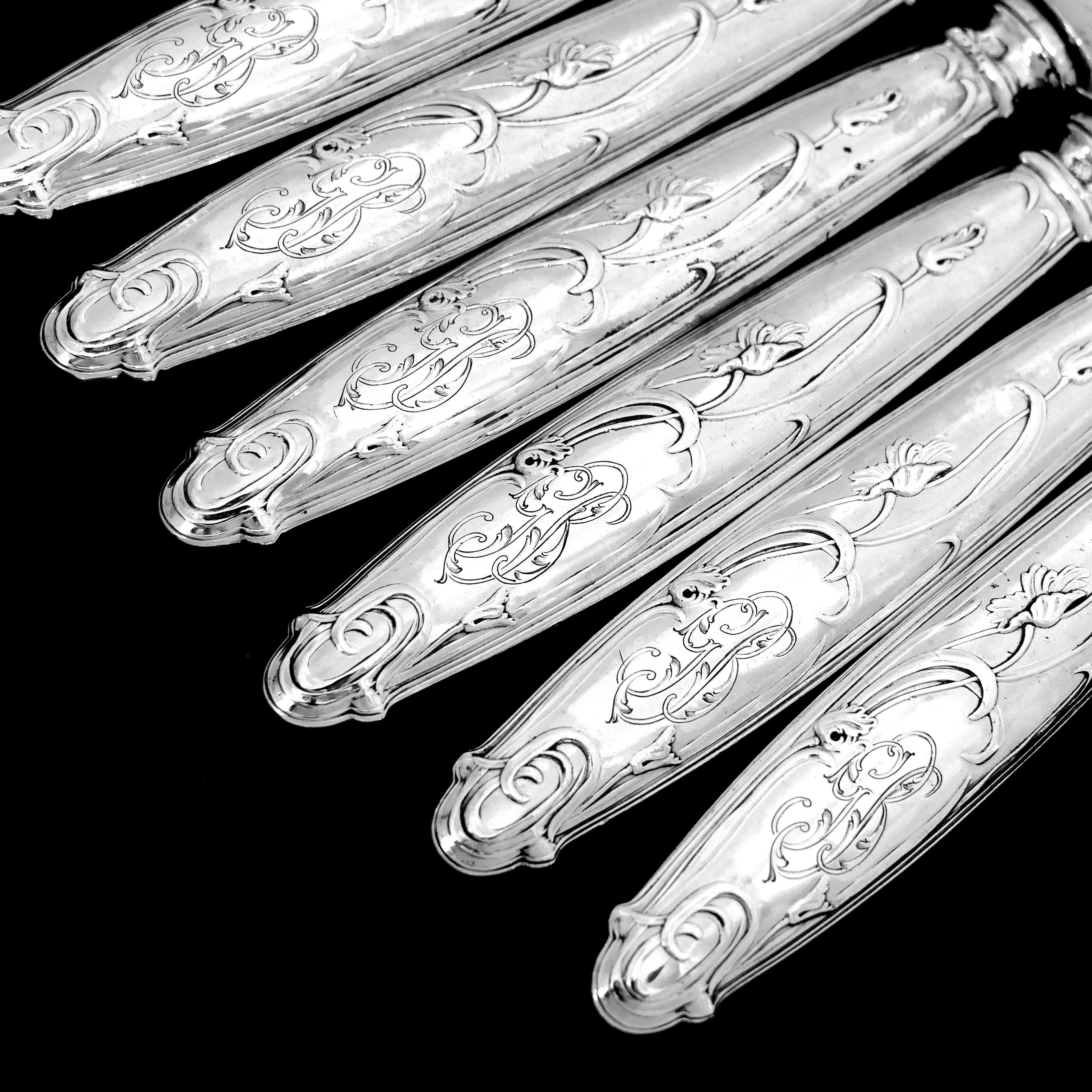 Lapparra French Sterling Silver Dessert Entremet Knife Set, Poppies Art Nouveau In Good Condition For Sale In TRIAIZE, PAYS DE LOIRE
