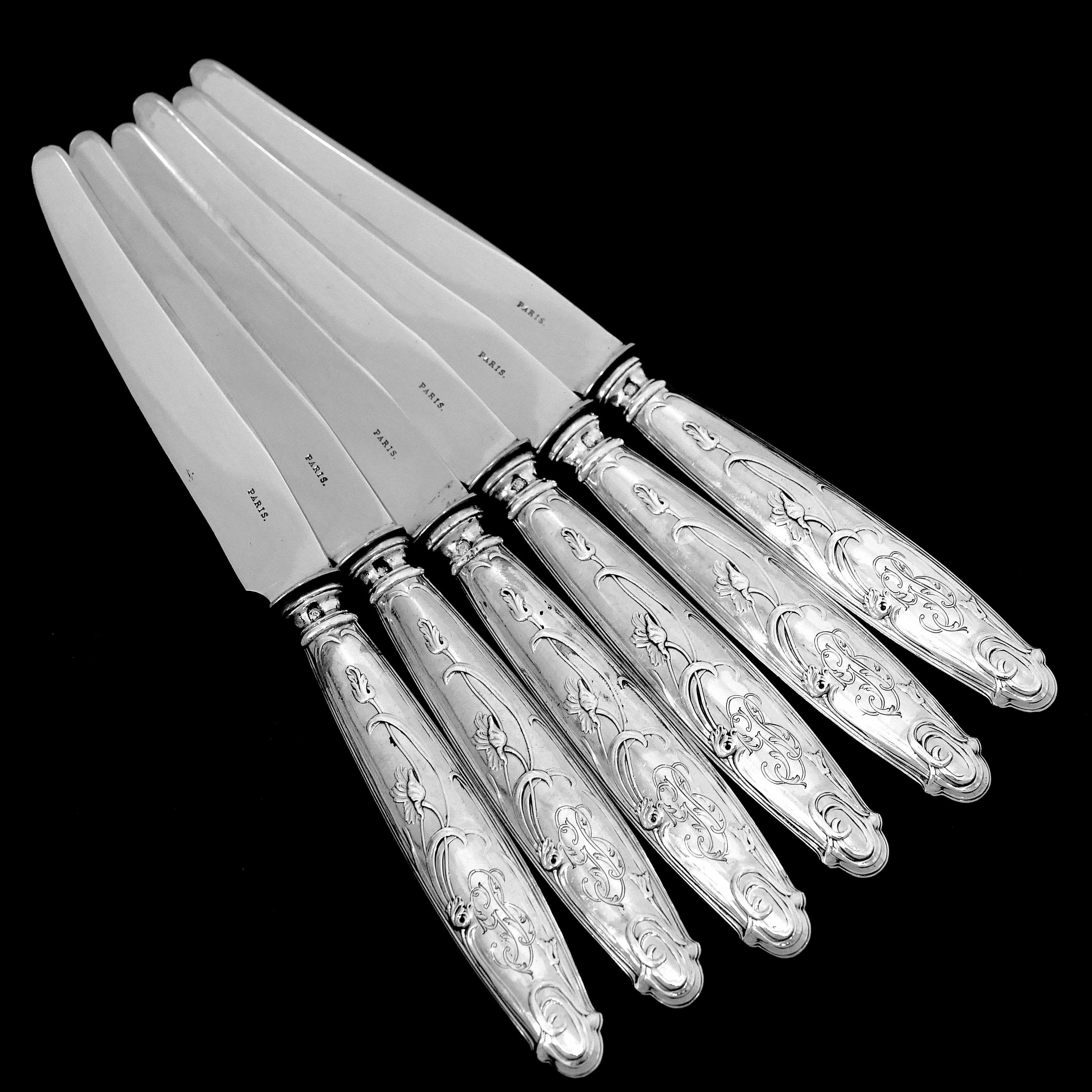 Lapparra French Sterling Silver Dessert Entremet Knife Set, Poppies Art Nouveau For Sale 3