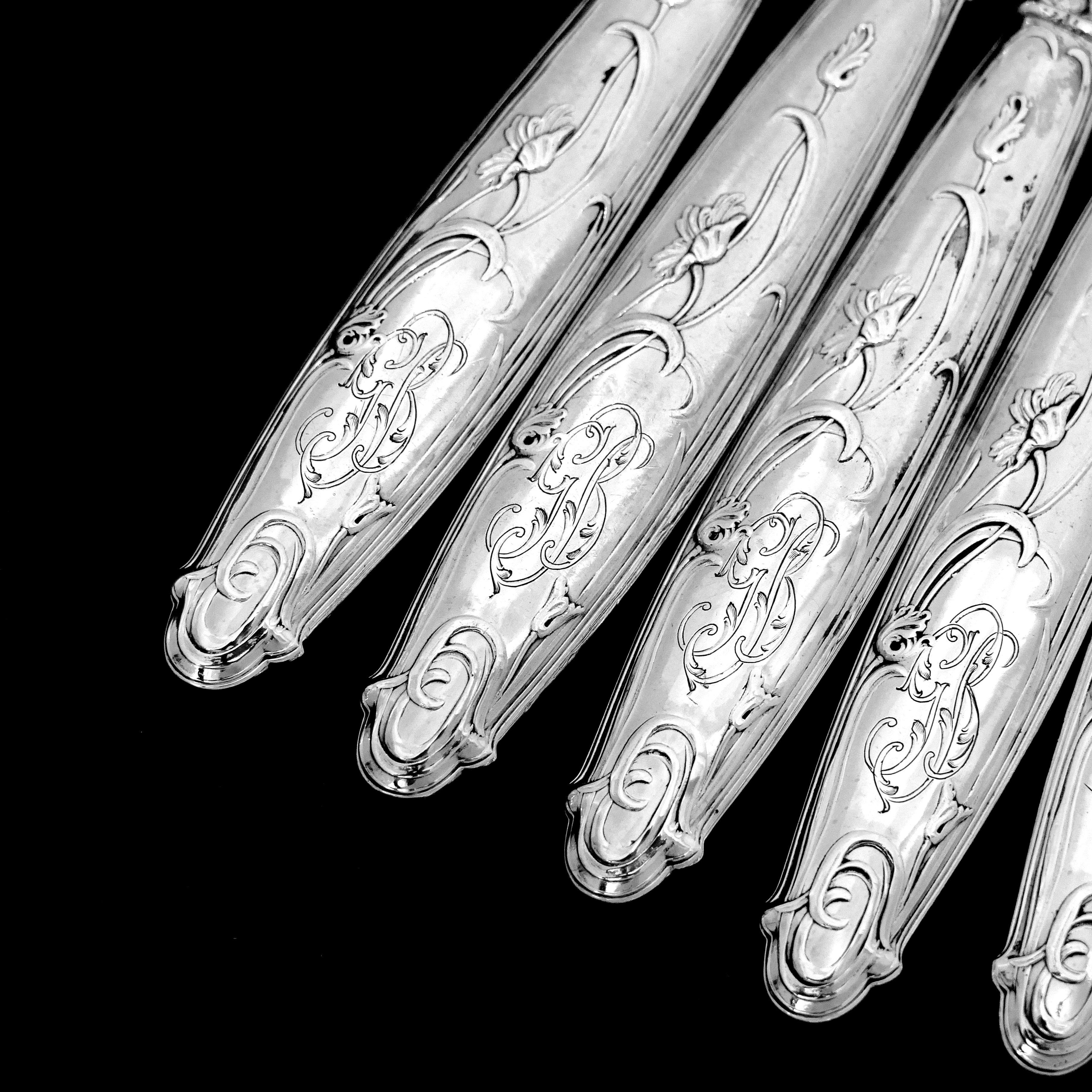 Lapparra French Sterling Silver Dessert Entremet Knife Set, Poppies Art Nouveau For Sale 4