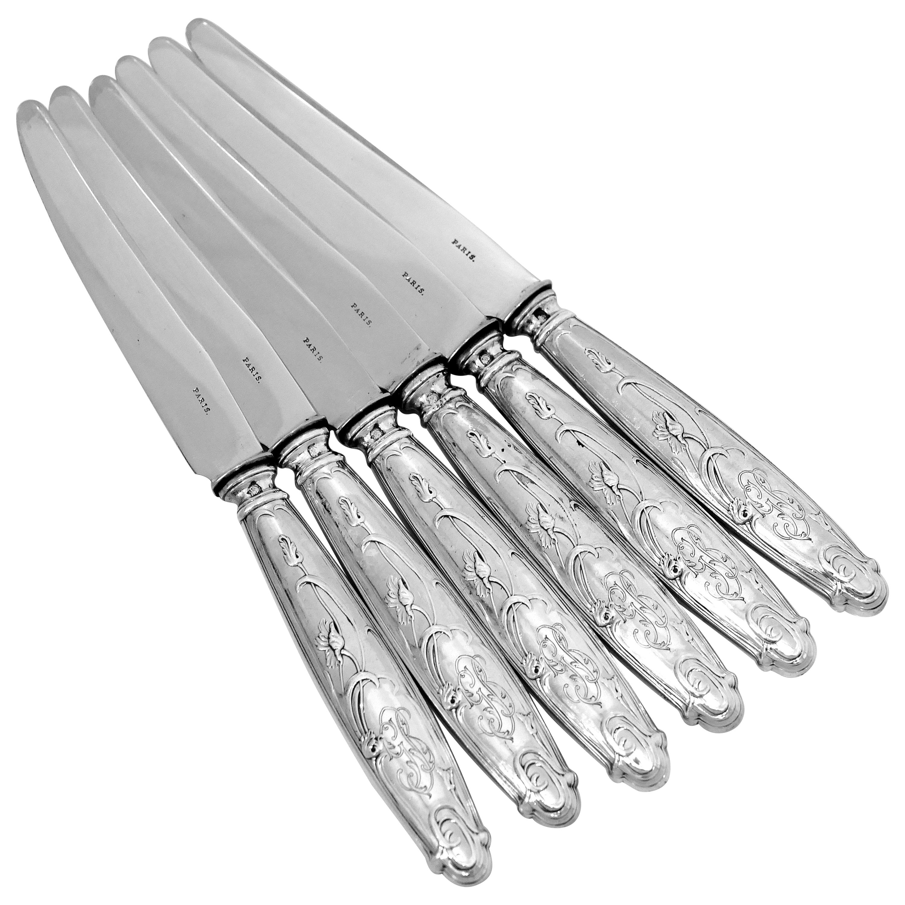 Lapparra French Sterling Silver Dessert Entremet Knife Set, Poppies Art Nouveau For Sale
