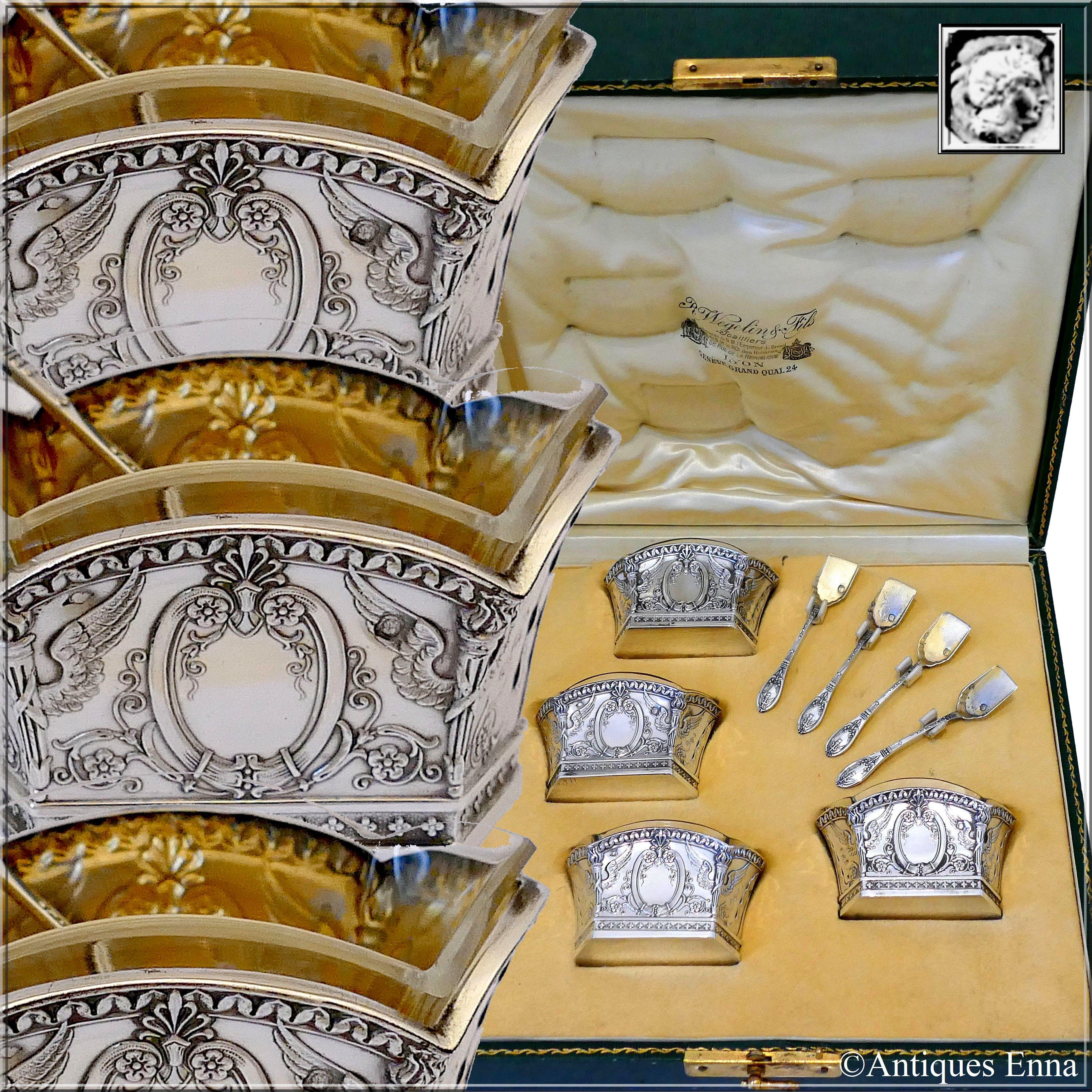 Head of Minerve 1st titre for 950/1000 French sterling silver guarantee.

Fabulous antique 19th century French sterling silver salt cellars 4-piece with original spoons. A set of truly exceptional quality, for the richness of his decoration for