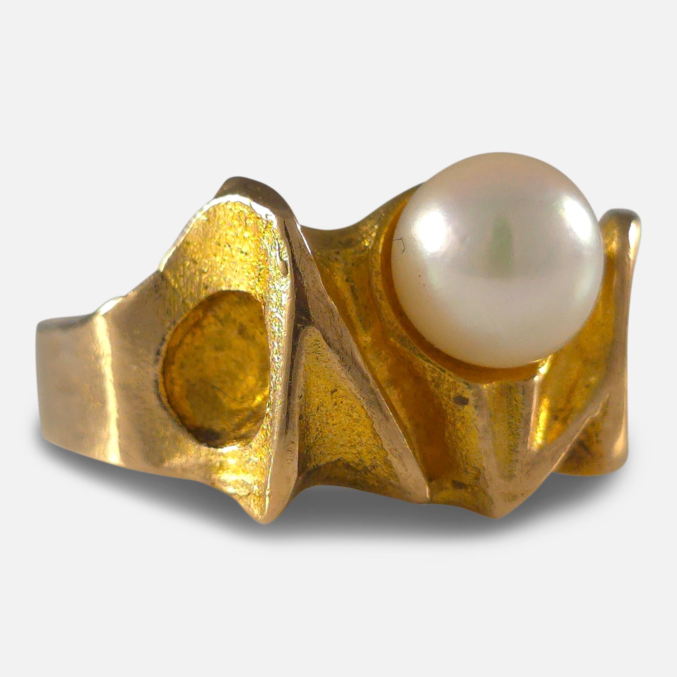 Modernist Lapponia 14ct Gold Pearl 'Lapintaika' Ring, Björn Weckström, 1970 For Sale