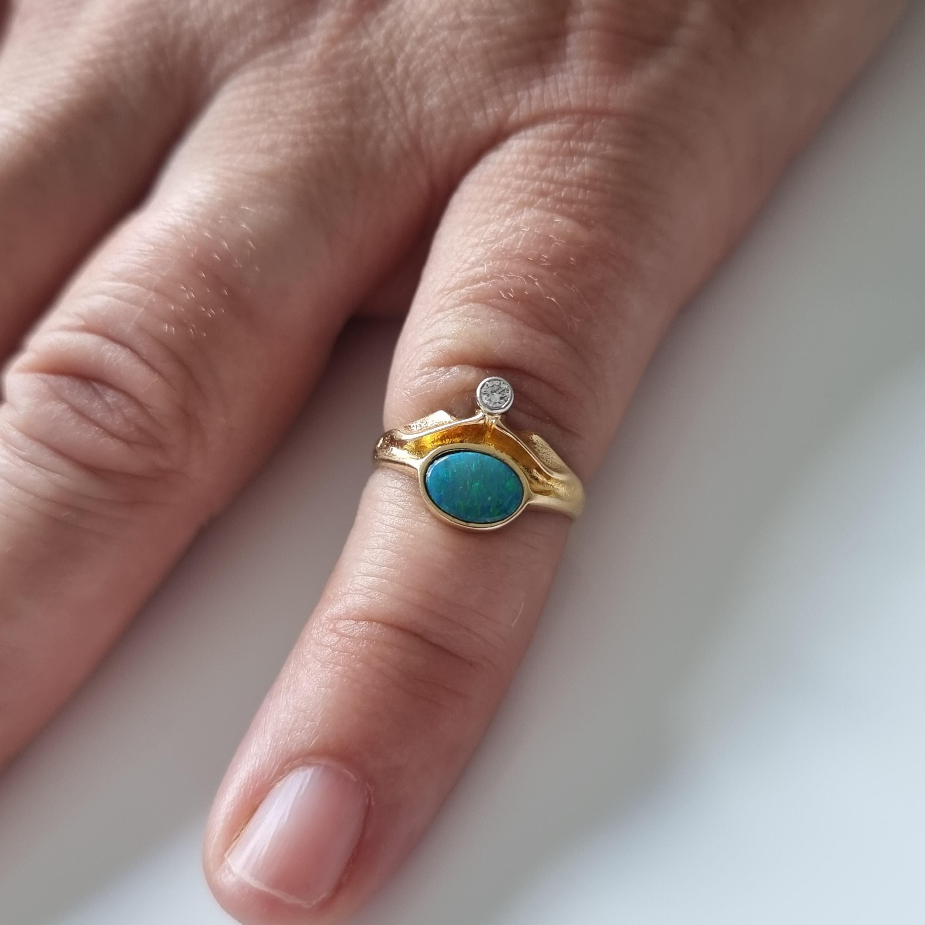 Lapponia 18ct Yellow Gold Diamond & Opal Doublet Ring, 1981 For Sale 6