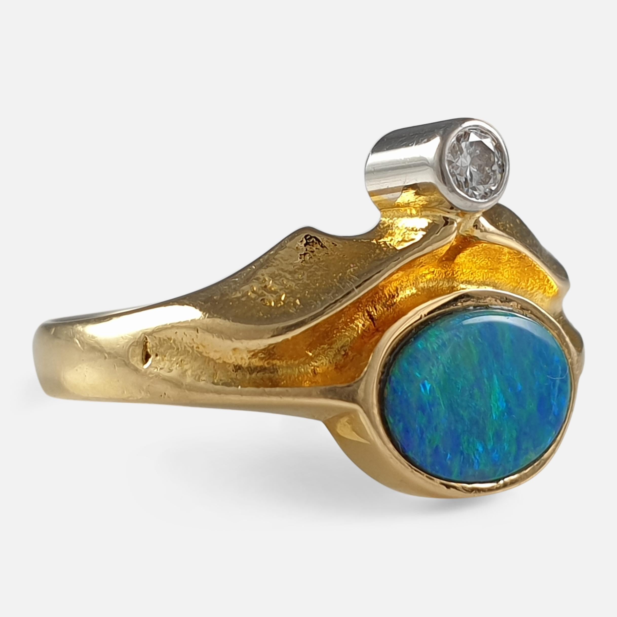 Modernist Lapponia 18ct Yellow Gold Diamond & Opal Doublet Ring, 1981 For Sale