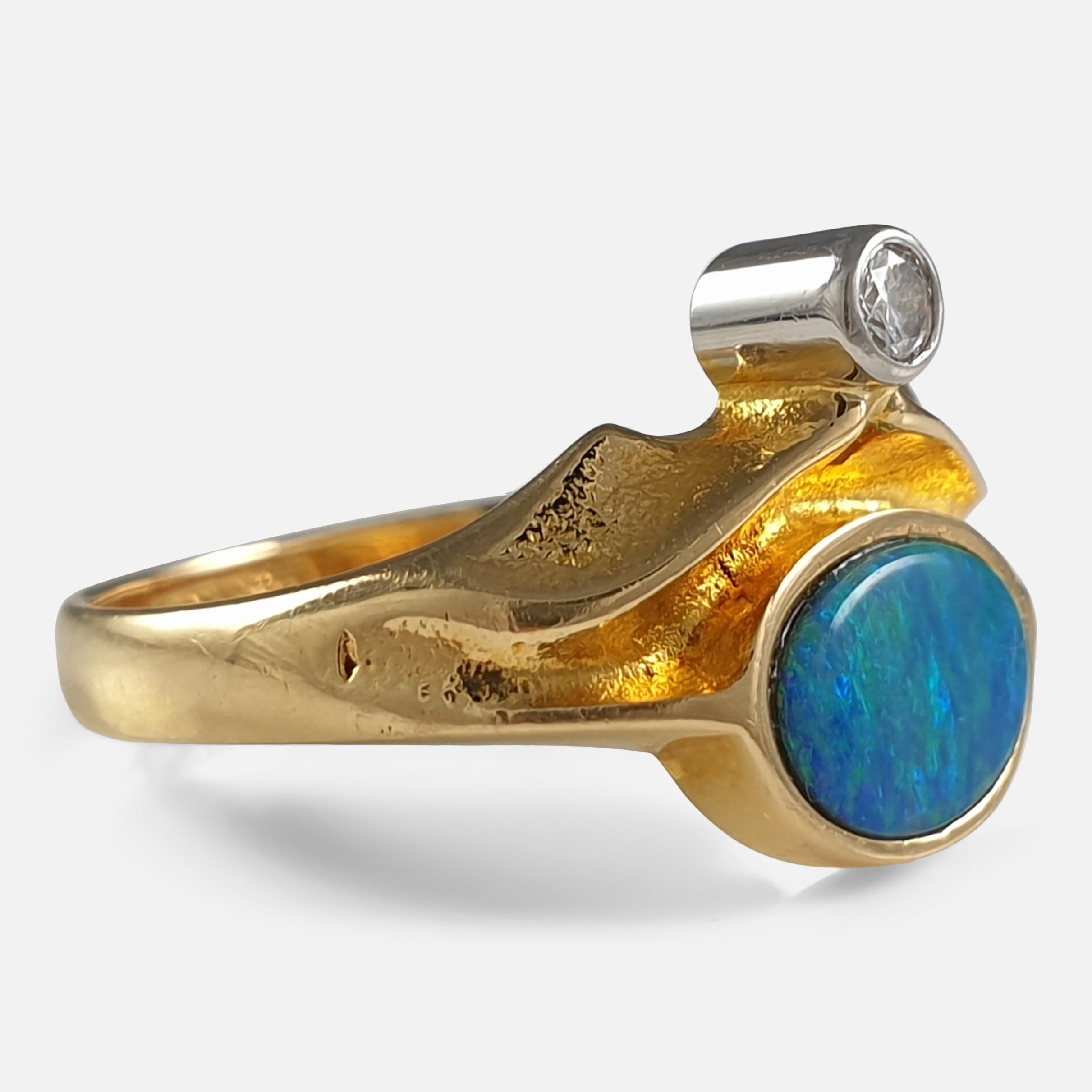 Cabochon Lapponia 18ct Yellow Gold Diamond & Opal Doublet Ring, 1981 For Sale