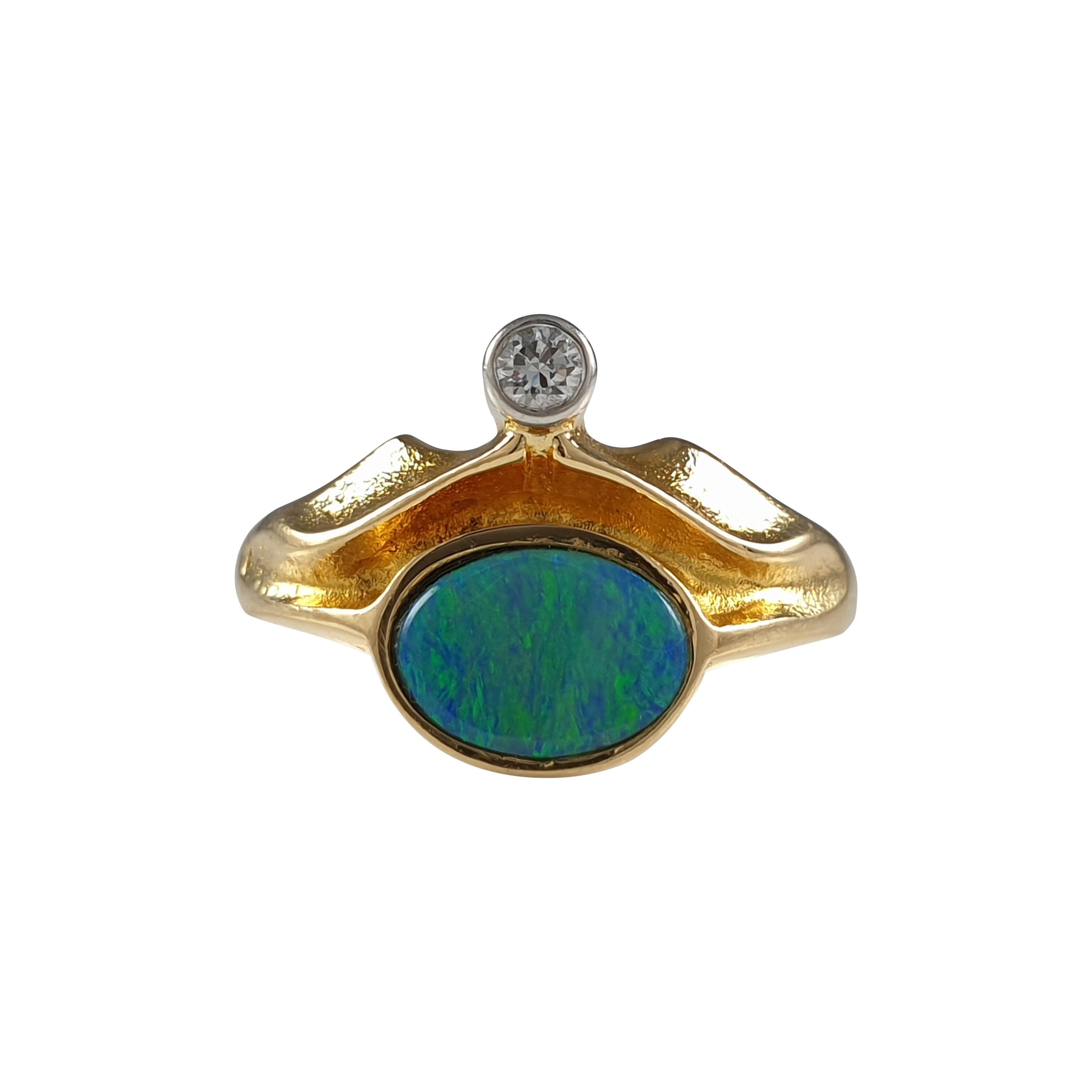 Lapponia 18ct Yellow Gold Diamond & Opal Doublet Ring, 1981 For Sale