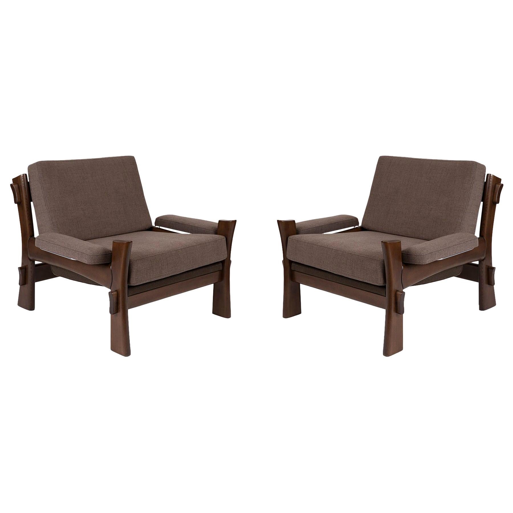 Laquered Oak & Grey Upholstered Danish Lounge Chairs