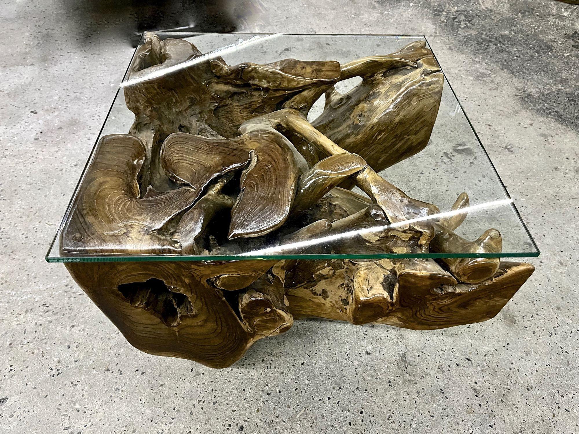 Indonesian Laquered Teak Root Coffee/ Side Table With Safety Glass Plate, Indonesia 2022 For Sale