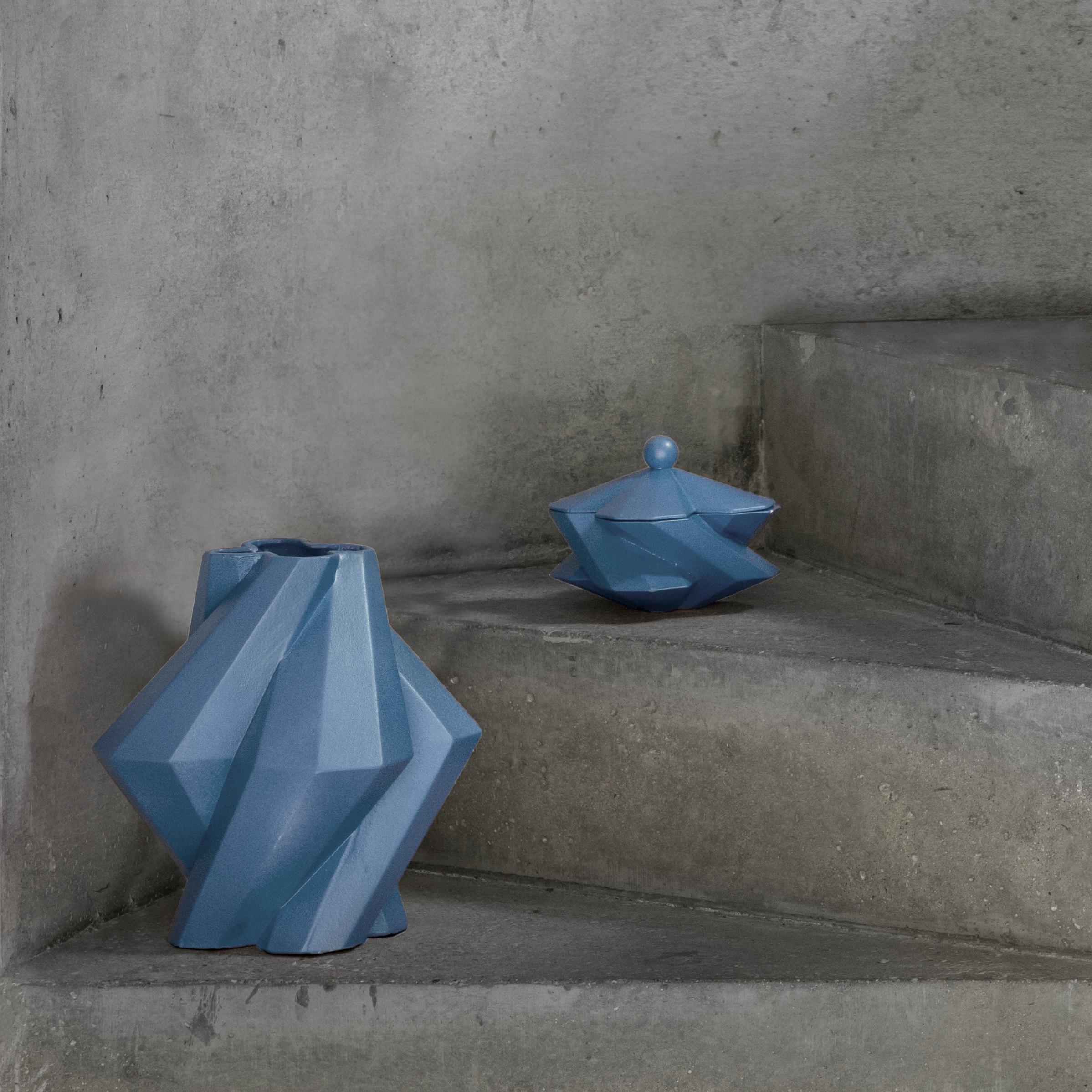 Portuguese Fortress Pillar Vase Blue Ceramic Geometric Contemporary Lara Bohinc, in Stock