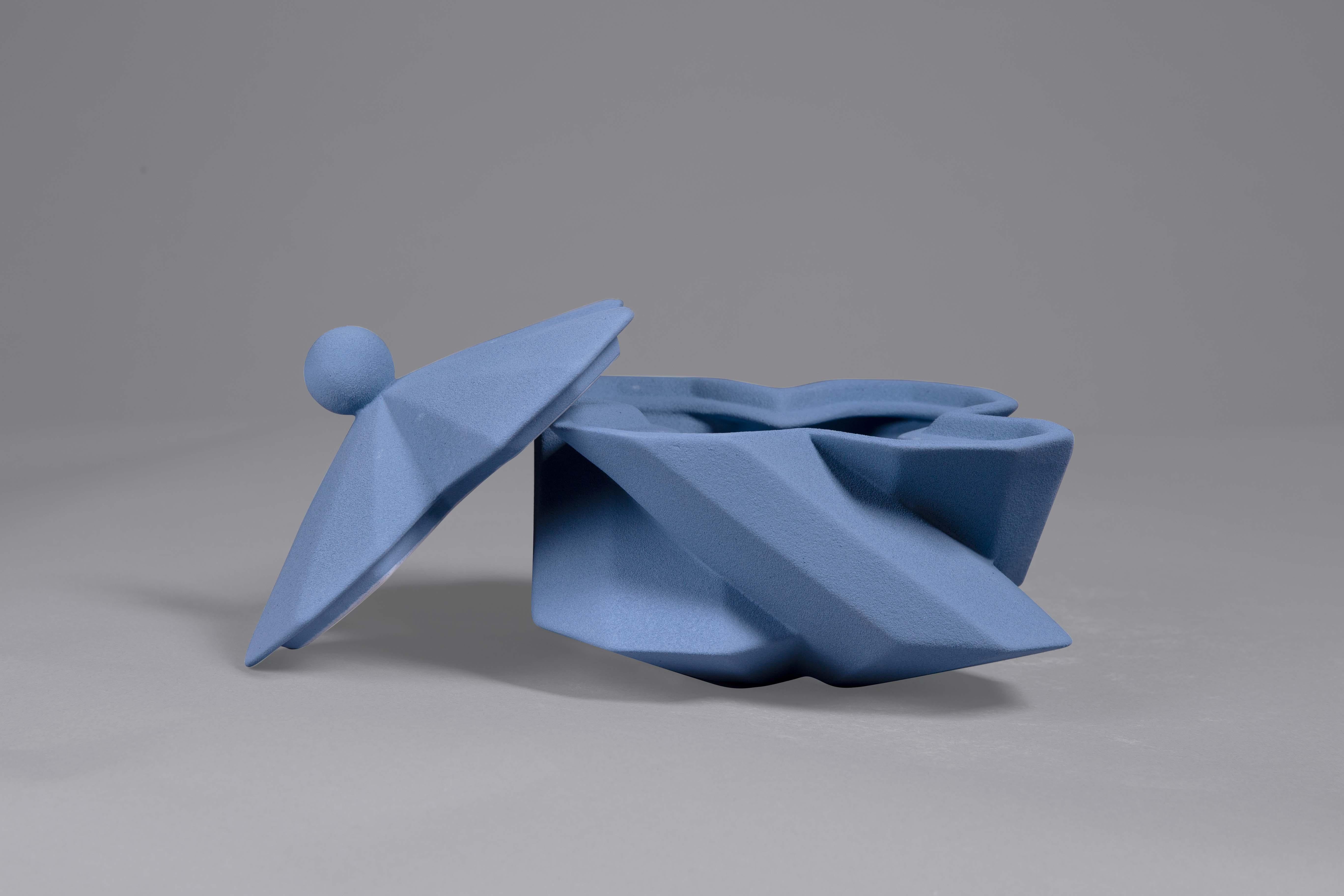 Modern Lara Bohinc Fortress Treasury Box Blue Ceramic Geometric Contemporary, in Stock For Sale