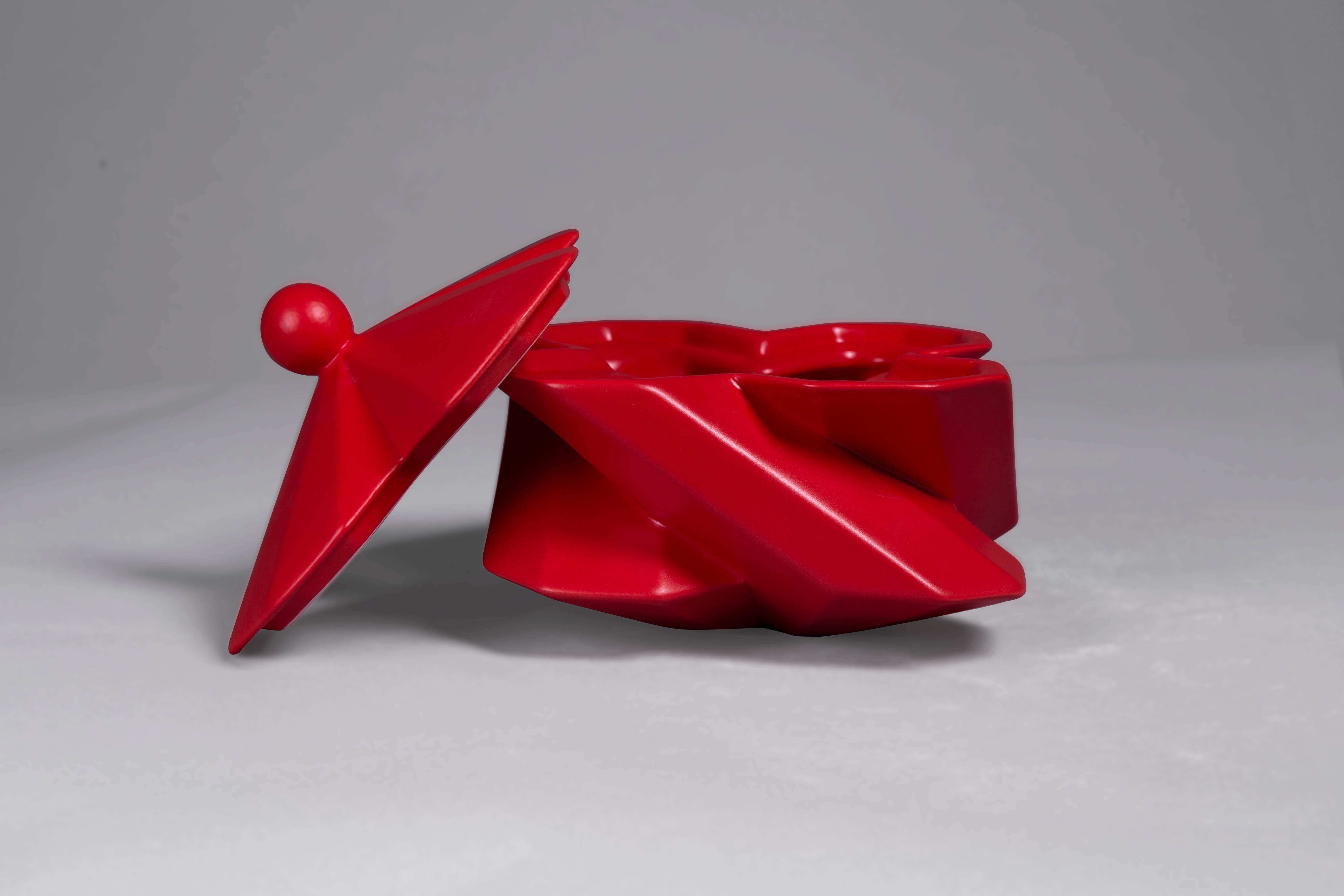 Modern Lara Bohinc Fortress Treasury Box Red Ceramic Geometric Contemporary, in Stock For Sale