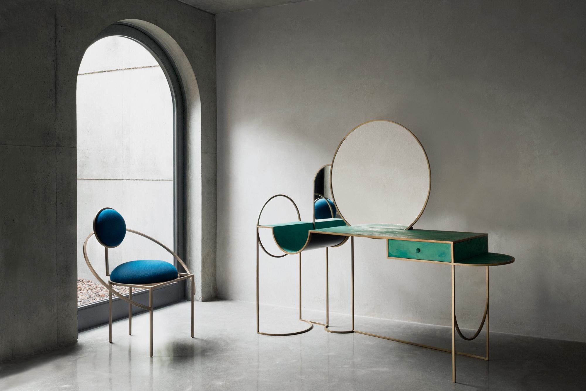 Portuguese Lara Bohinc, Orbit Chair, Brushed Brass and Blue Wool Fabric For Sale