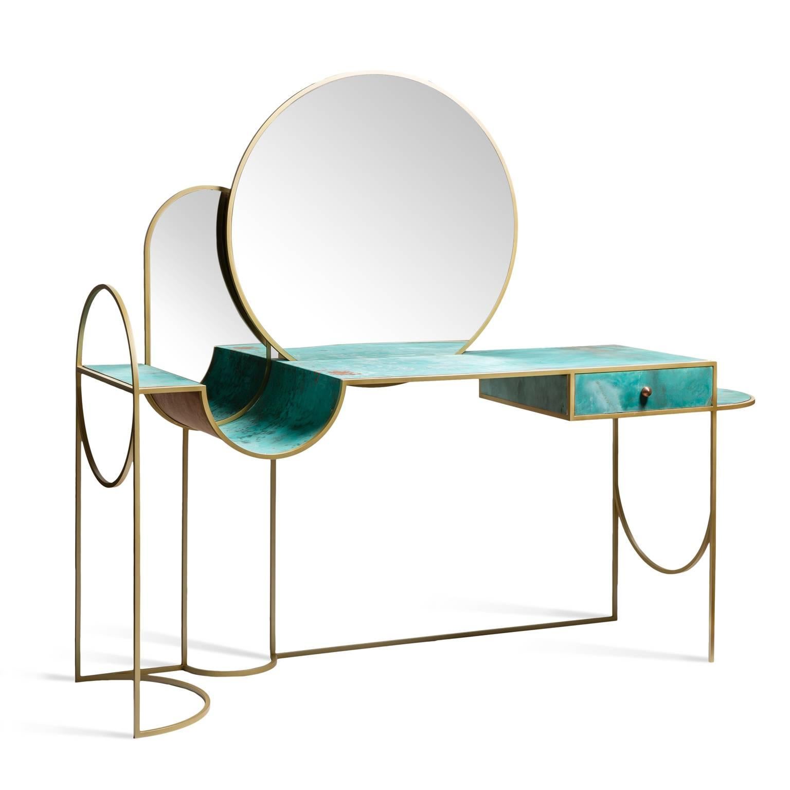 Lara Bohinc draws on her experience in metalwork with the Celeste Console.

This piece has an elegant and playful form made from square brass covered steel rod frame, that contrasts with the fresh green of the verdigris patinated copper surface,