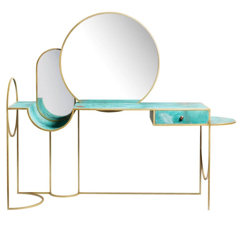 Celeste Vanity Console, Verdigris Copper, Steel and Mirror, Lara Bohinc In Stock 1