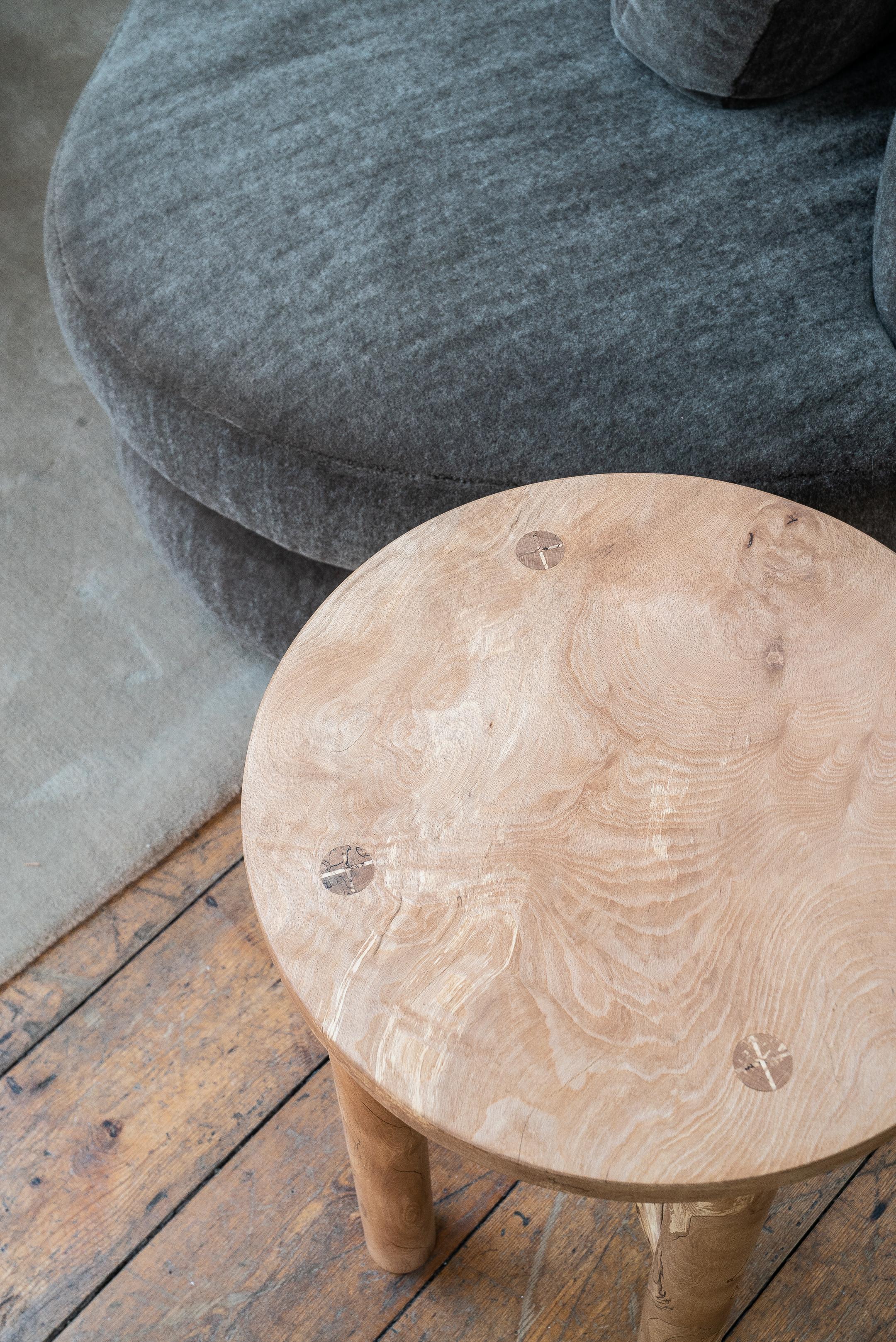 British Lara Round Side Table with Cylindrical Legs, Spalted Beech, by Mythology For Sale