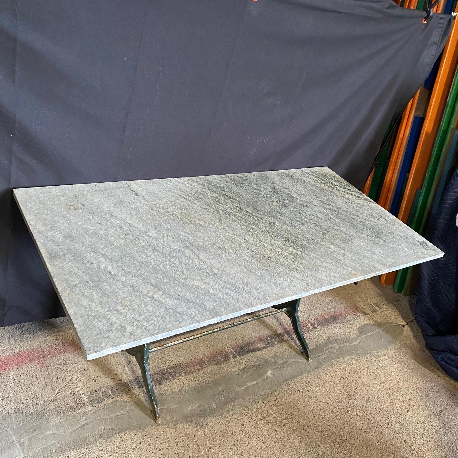Larage French Marble Top Dining Table with Iron Base with Maker's Name For Sale 2
