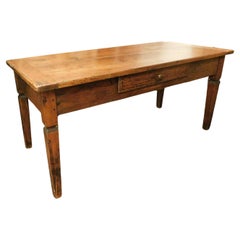 Antique Larch wood table with one drawer and pin legs, Italy