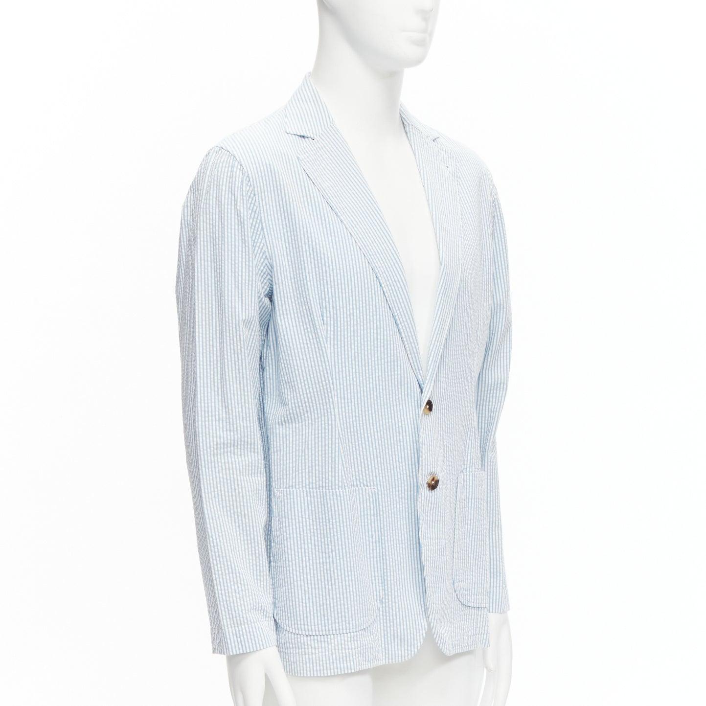 Gray LARDINI blue white stripe seersucker brown shell 2 button blazer M For Sale