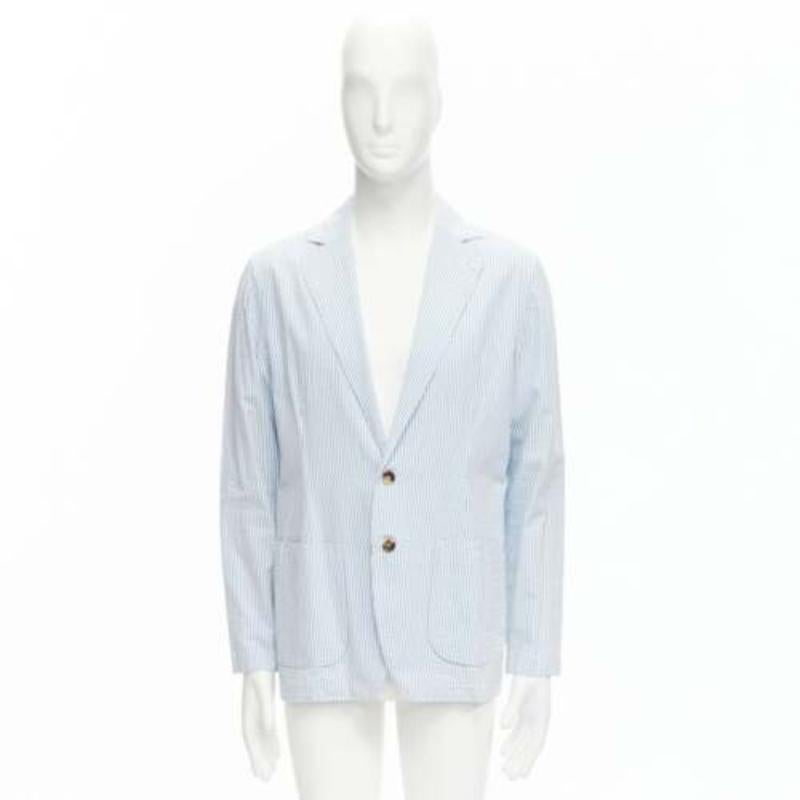 Lardini blazer a 2 bottoni a righe bianche e blu in seersucker marrone M in vendita 4