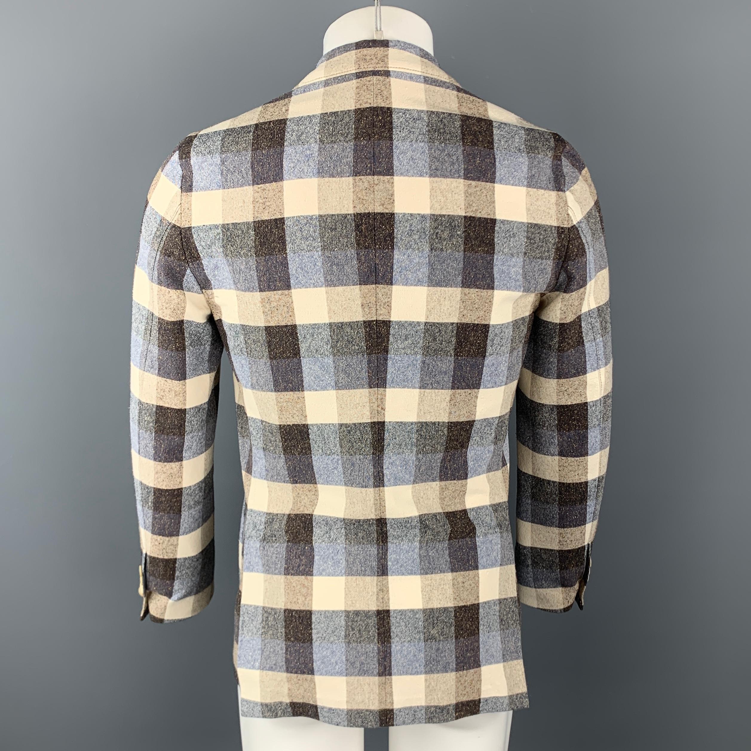 LARDINI Cream & Blue Checkered Cotton / Silk Notch Lapel Sport Coat In Excellent Condition In San Francisco, CA