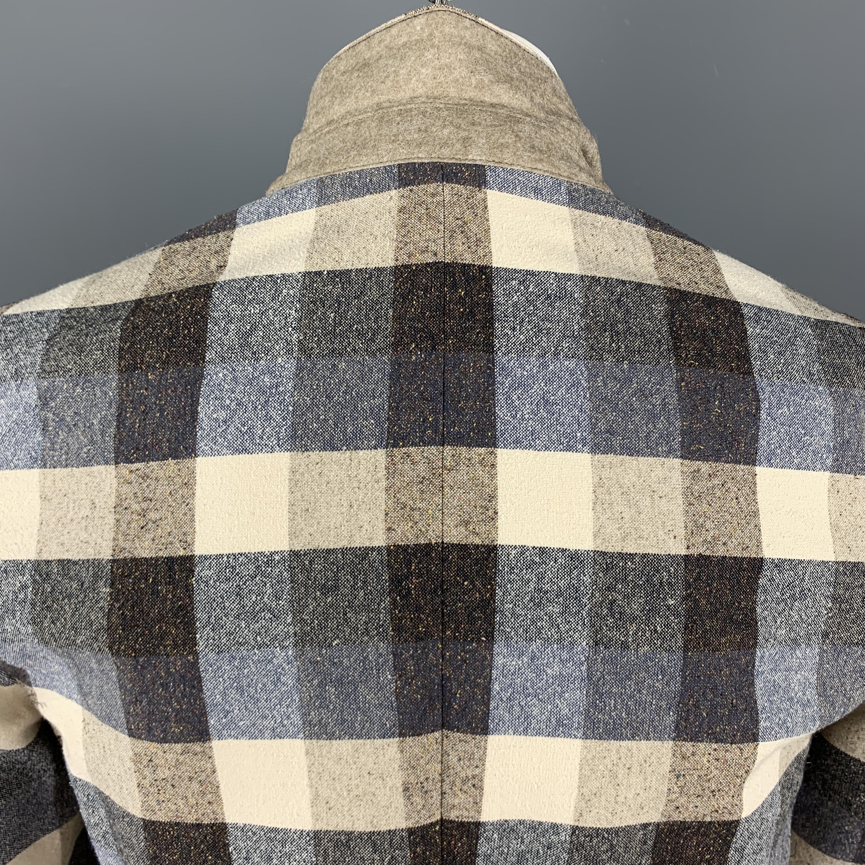 Men's LARDINI Cream & Blue Checkered Cotton / Silk Notch Lapel Sport Coat