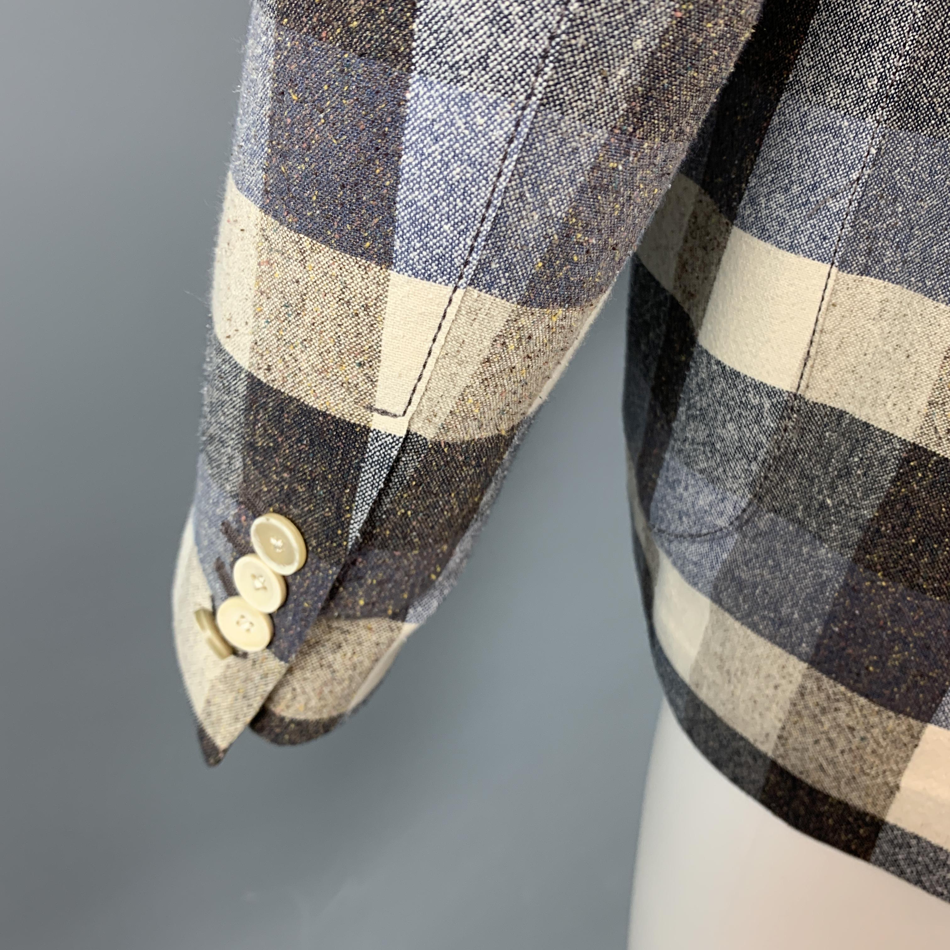 LARDINI Cream & Blue Checkered Cotton / Silk Notch Lapel Sport Coat 1