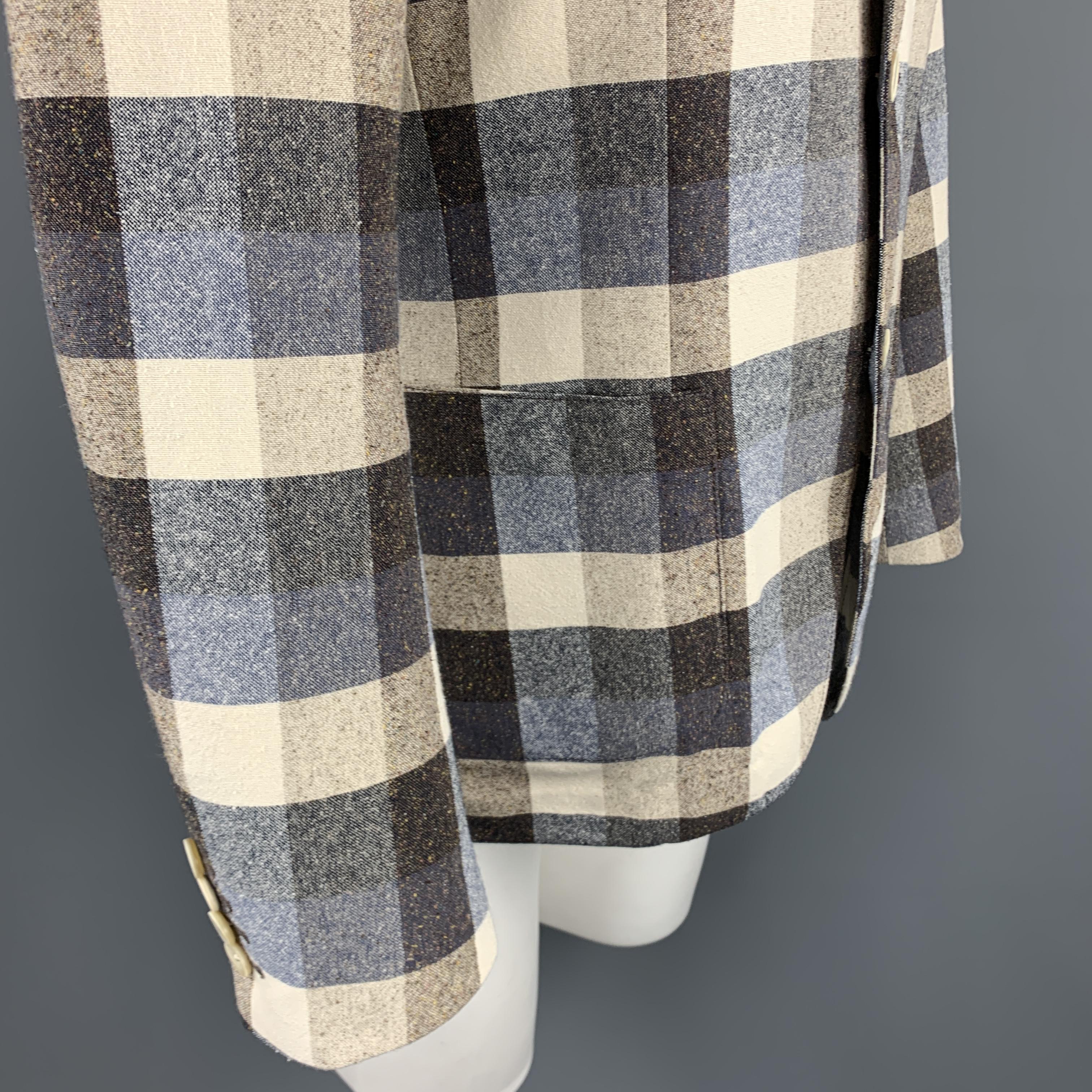 LARDINI Size 34 Beige & Taupe Checkered Plaid Cotton Silk Notch Lapel Blazer In Excellent Condition In San Francisco, CA