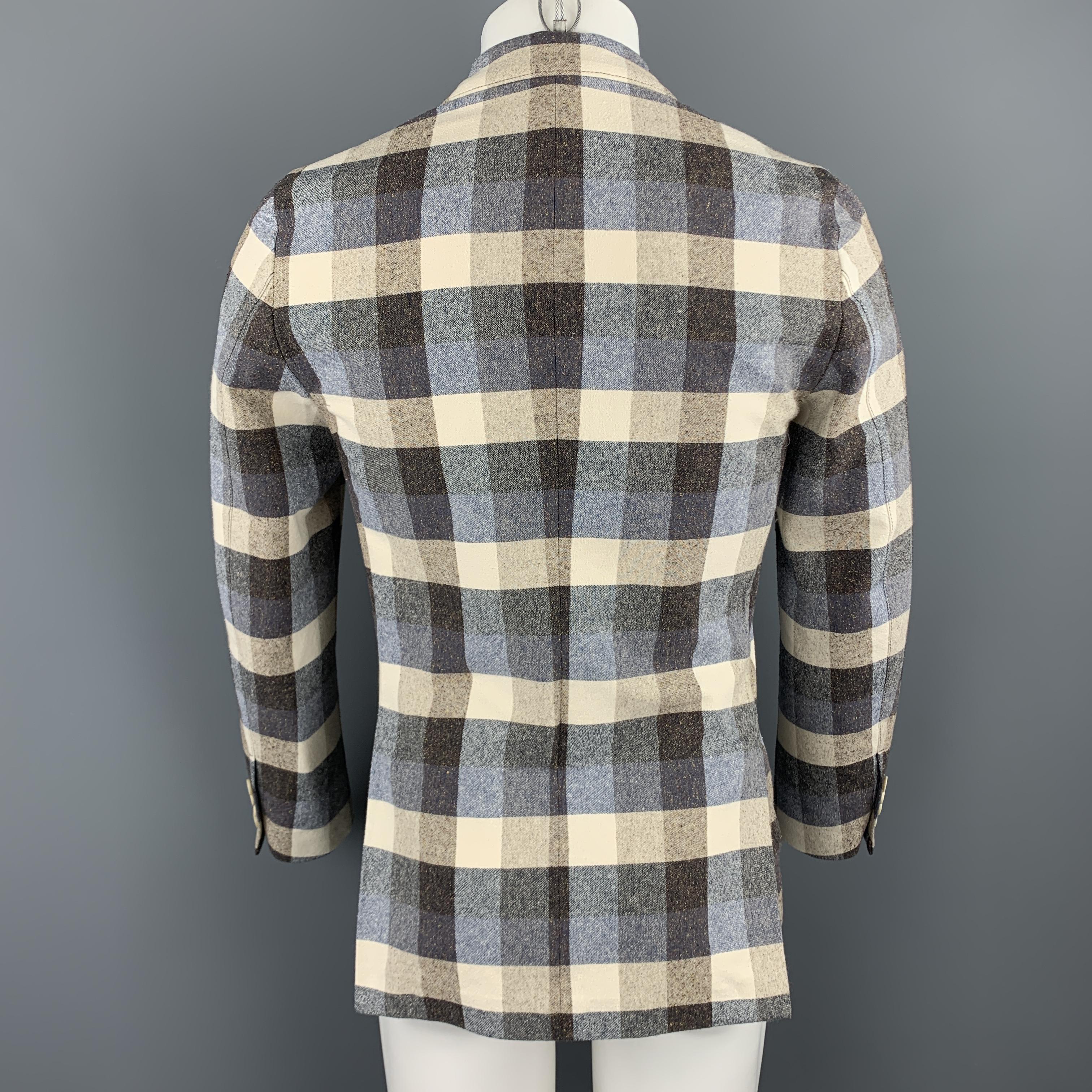 Men's LARDINI Size 34 Beige & Taupe Checkered Plaid Cotton Silk Notch Lapel Blazer