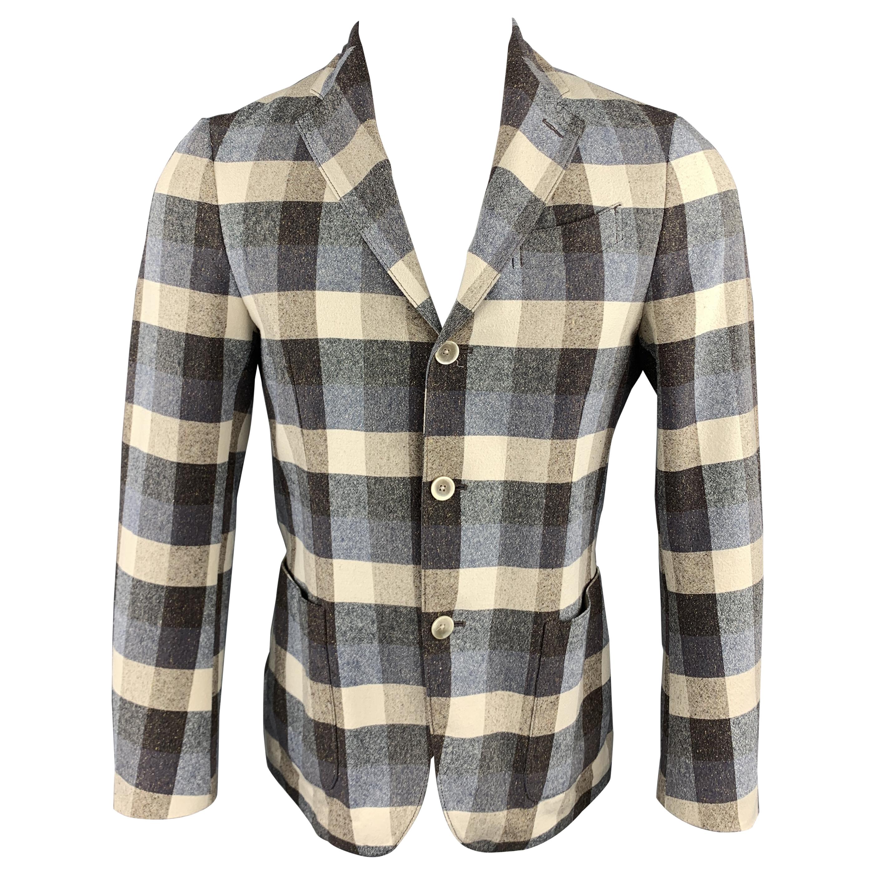 LARDINI Size 34 Beige & Taupe Checkered Plaid Cotton Silk Notch Lapel Blazer