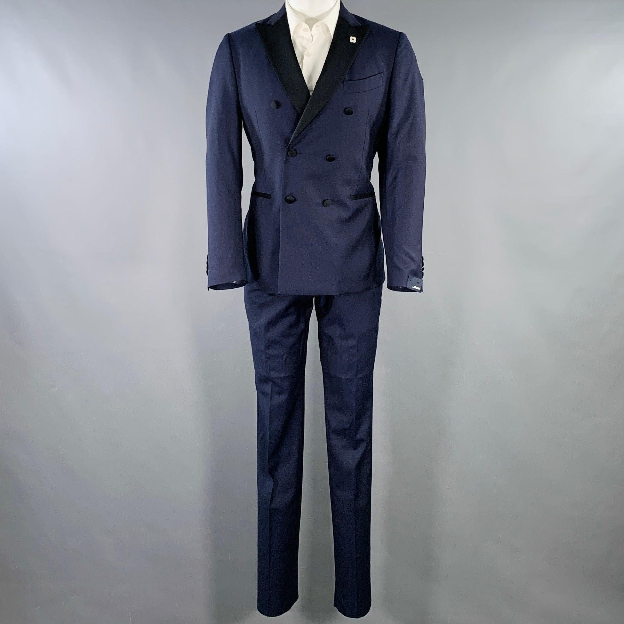 Noir LARDINI Tuxedo croisé en laine noire marine, taille 38 en vente