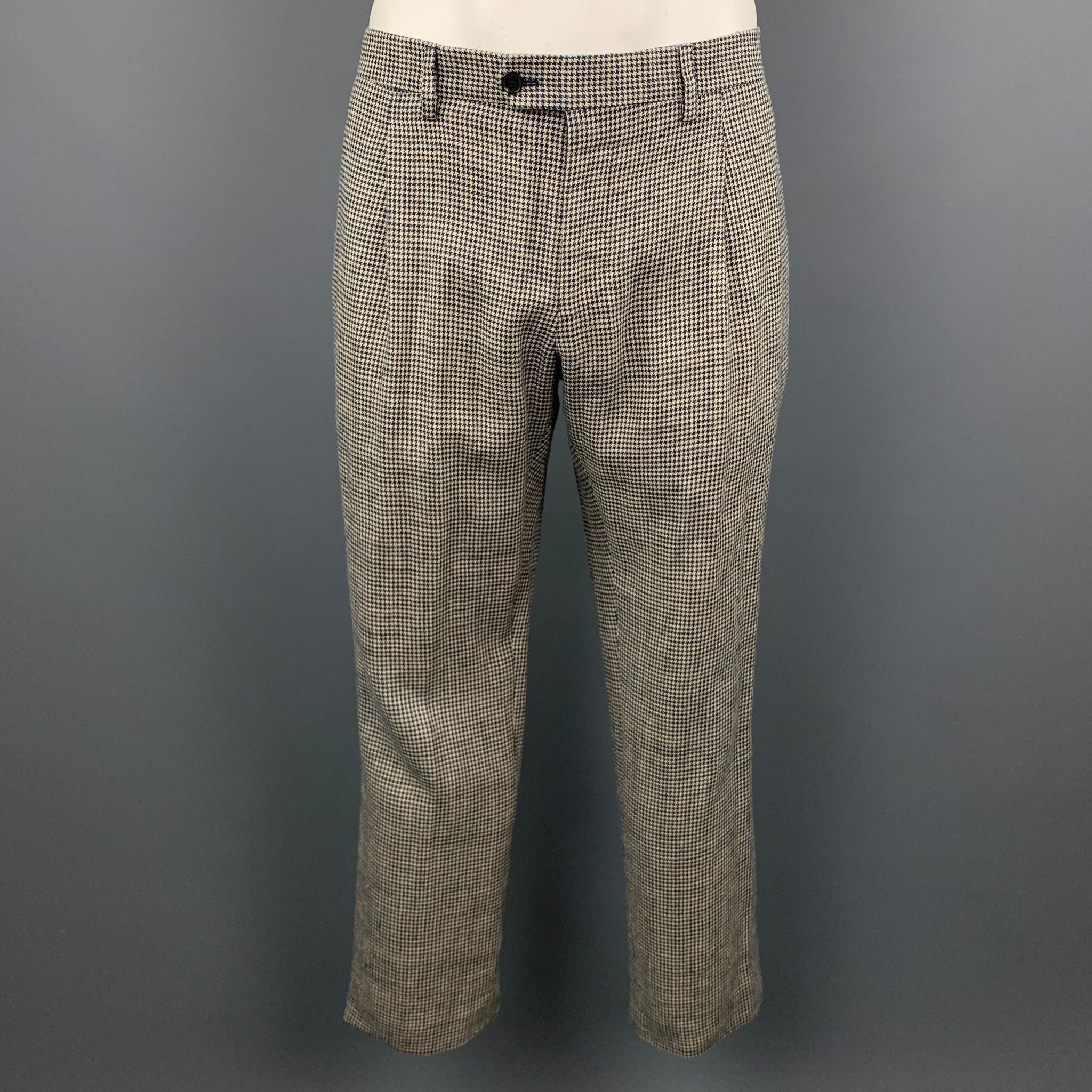 Men's LARDINI Size 42 Regular Black & Beige Houndstooth Silk / Linen Suit