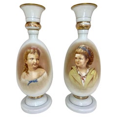Lare Pair of 19th Century Antique Victorian Opaline Portrait Vases