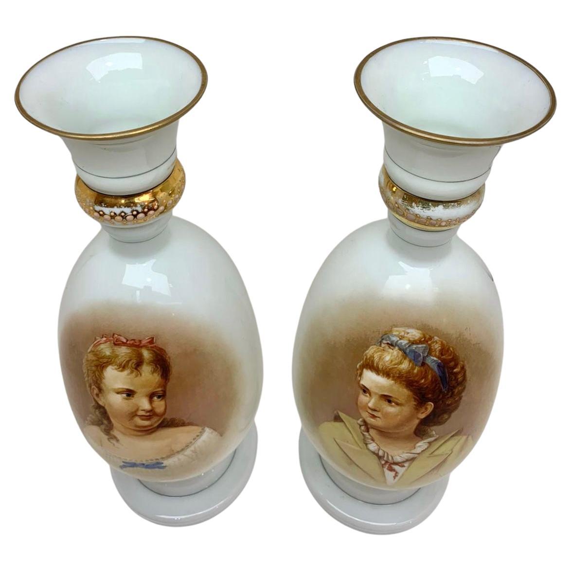 Hand-Painted Lare Pair of 19th Century Antique Victorian Opaline Portrait Vases For Sale
