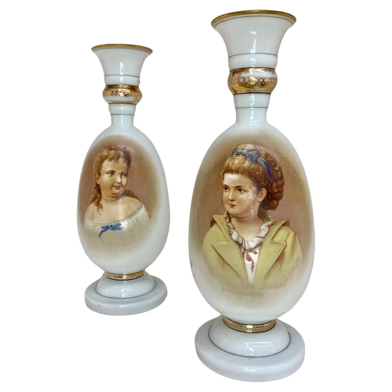 Lare Pair of 19th Century Antique Victorian Opaline Portrait Vases For Sale